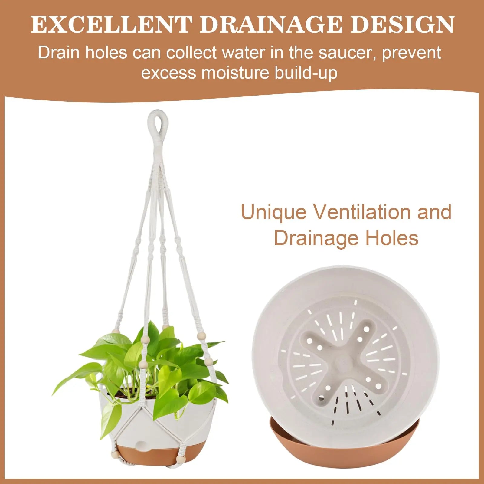 3 Pack Hanging Planters for Indoor Plants, 10 + 10 + 8 Inch Self-Watering Hanging Plant Pot, Macrame Plant Hanger with Pot, Ceiling Hooks, Removable Saucer and Drainage Holes for Garden Home