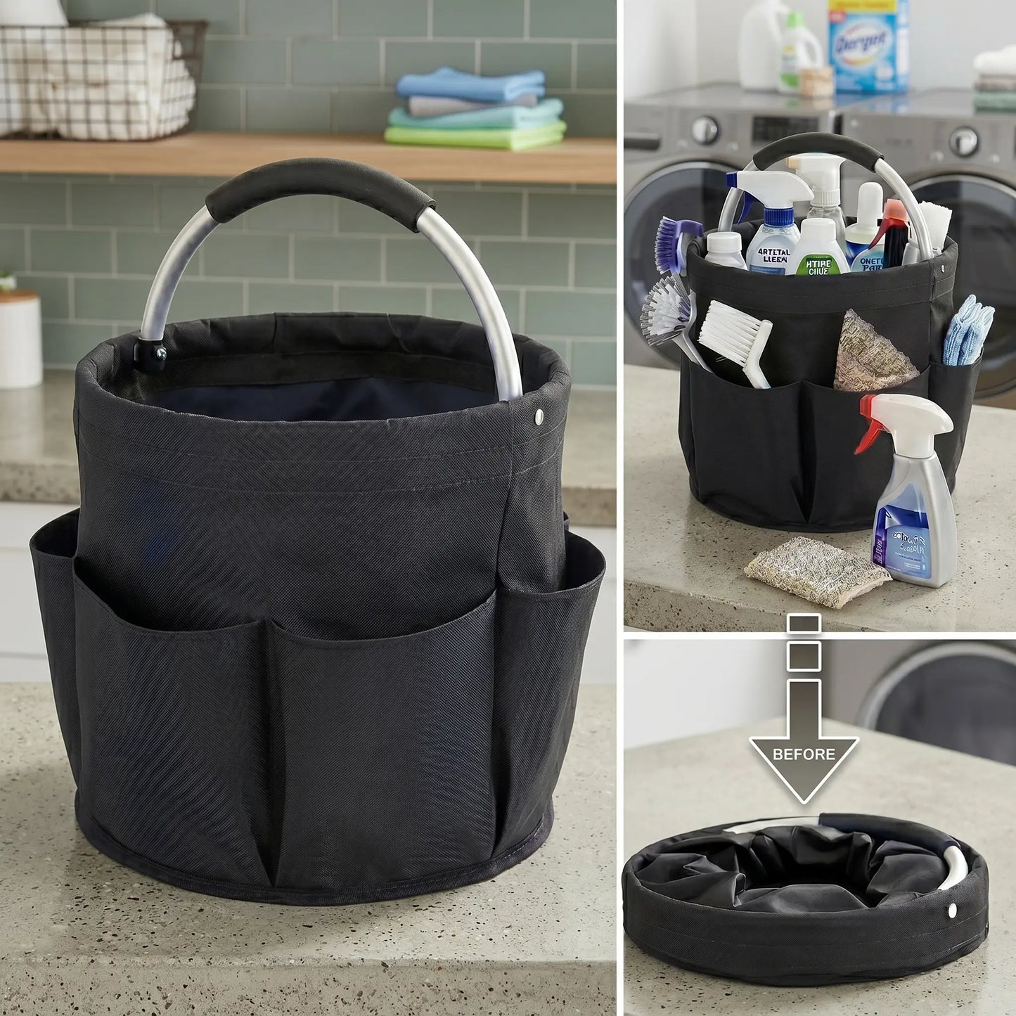 Foldable Garden Tool Bag with 6 Pockets - Foldable Multi-Purpose Storage Bags, Portable Tote with Rounded Handle for Home, Outdoor, Poolside Use, Foldable Storage Bags