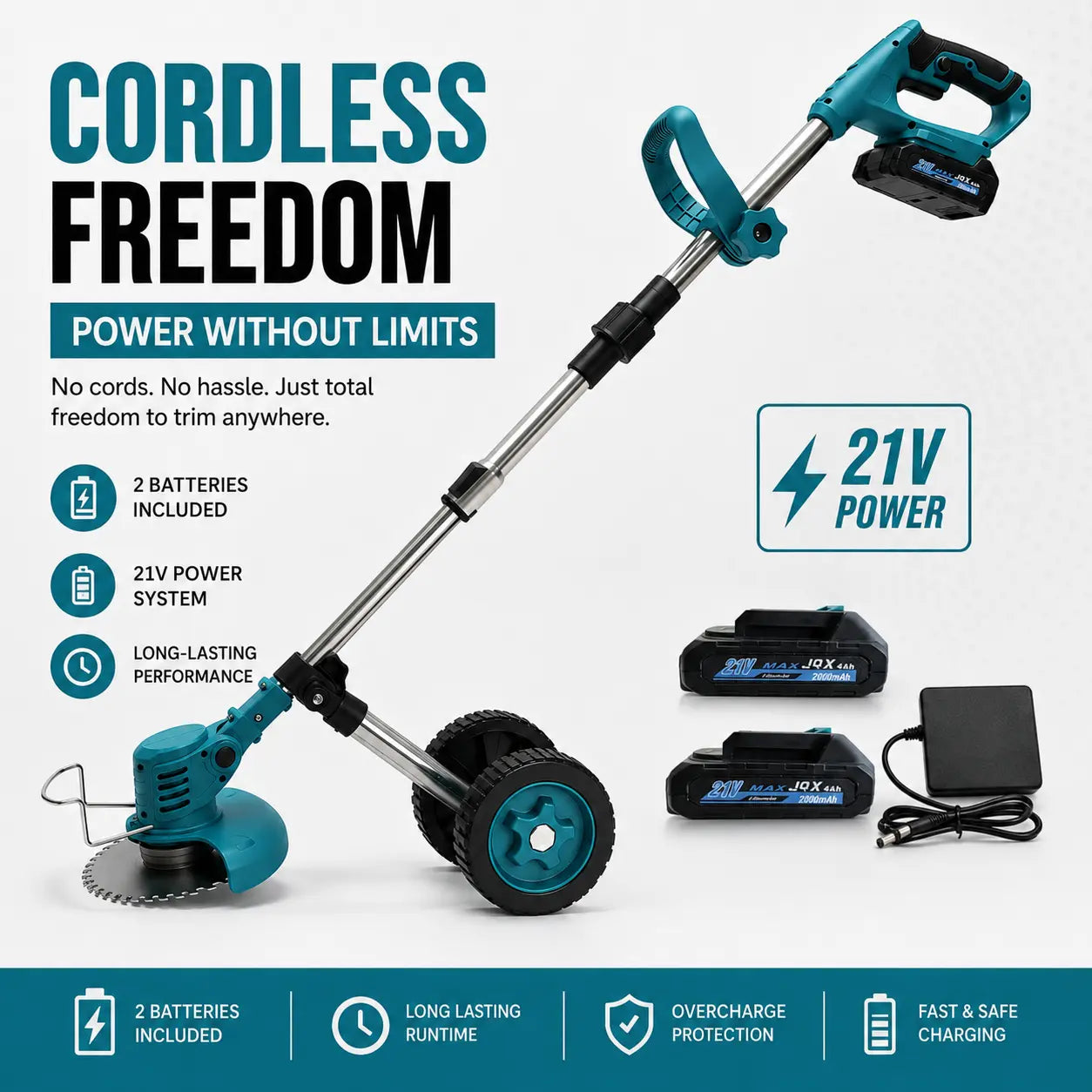 3-In-1 Cordless Weed Wacker, Grass Trimmer, and Lawn Edger Trimmer & Brush Cutter with Wheels, 21V Cordless Weed Wacker with 2 High-Capacity Batteries, Adjustable Lightweight Weed Eater with Multi-Blades, Lawn Care,Women-Friendly