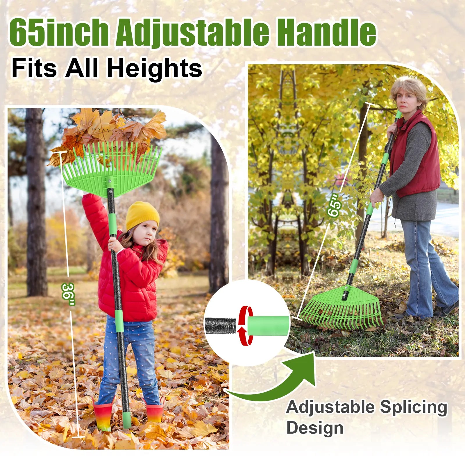Adjustable 65'' Lightweight Plastic Leaf Rake - Ideal for Leaves, Grass, Pine Needles, and Mulch; Gentle on Lawn and Garden - User-Friendly for Women, Seniors, and Children