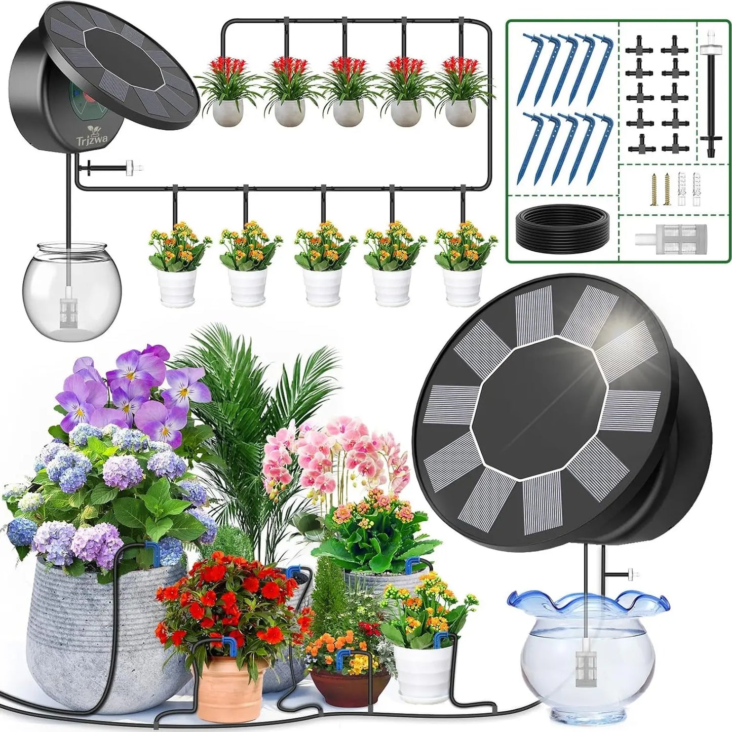 Solar-Powered Automatic Drip Irrigation Kit with Timer, 12 Modes, Water Level Alarm, 15 Plants, 15M Tube & Drippers, for Indoor Outdoor Garden, Balcony, Greenhouse & Potted Plants