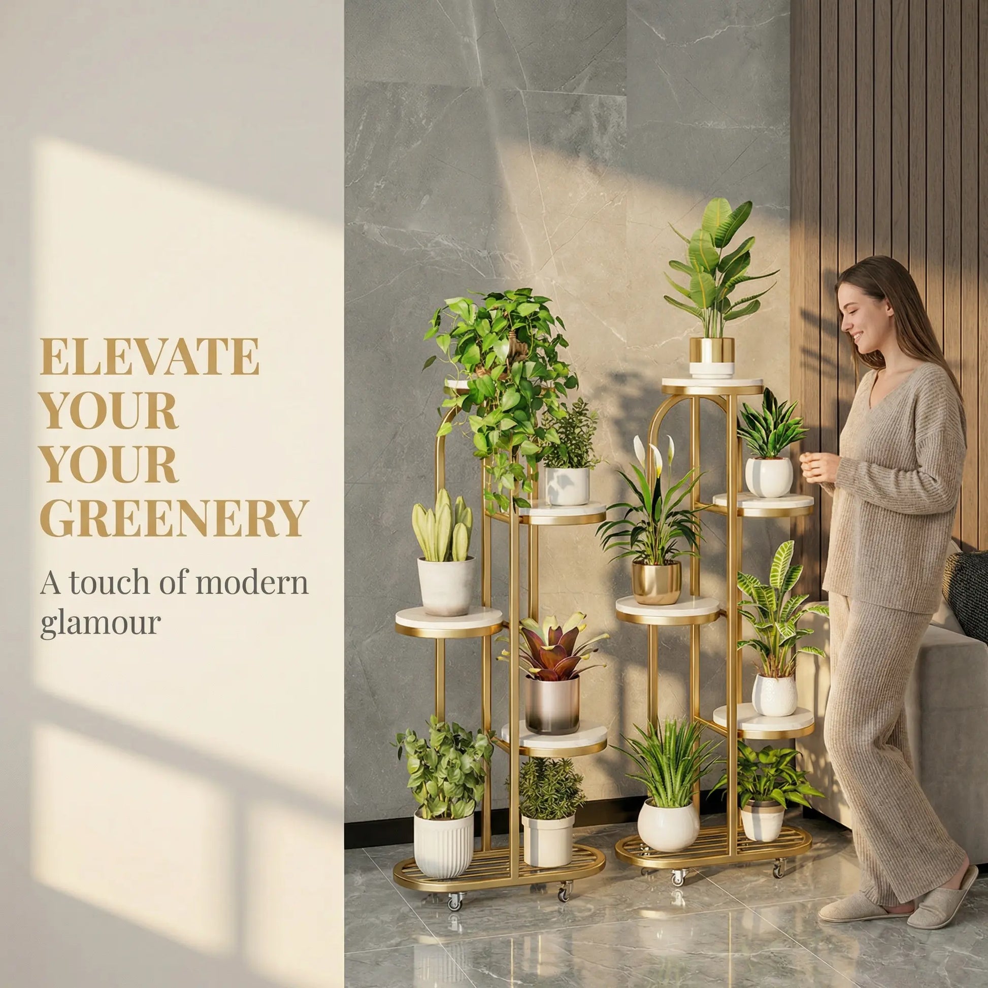 Modern Mobile Plant Stand with Wheels - Gold Metal Indoor Flower Rack, Multi-Tier Display Shelf for Living Room and Office (Space-Saving Design)