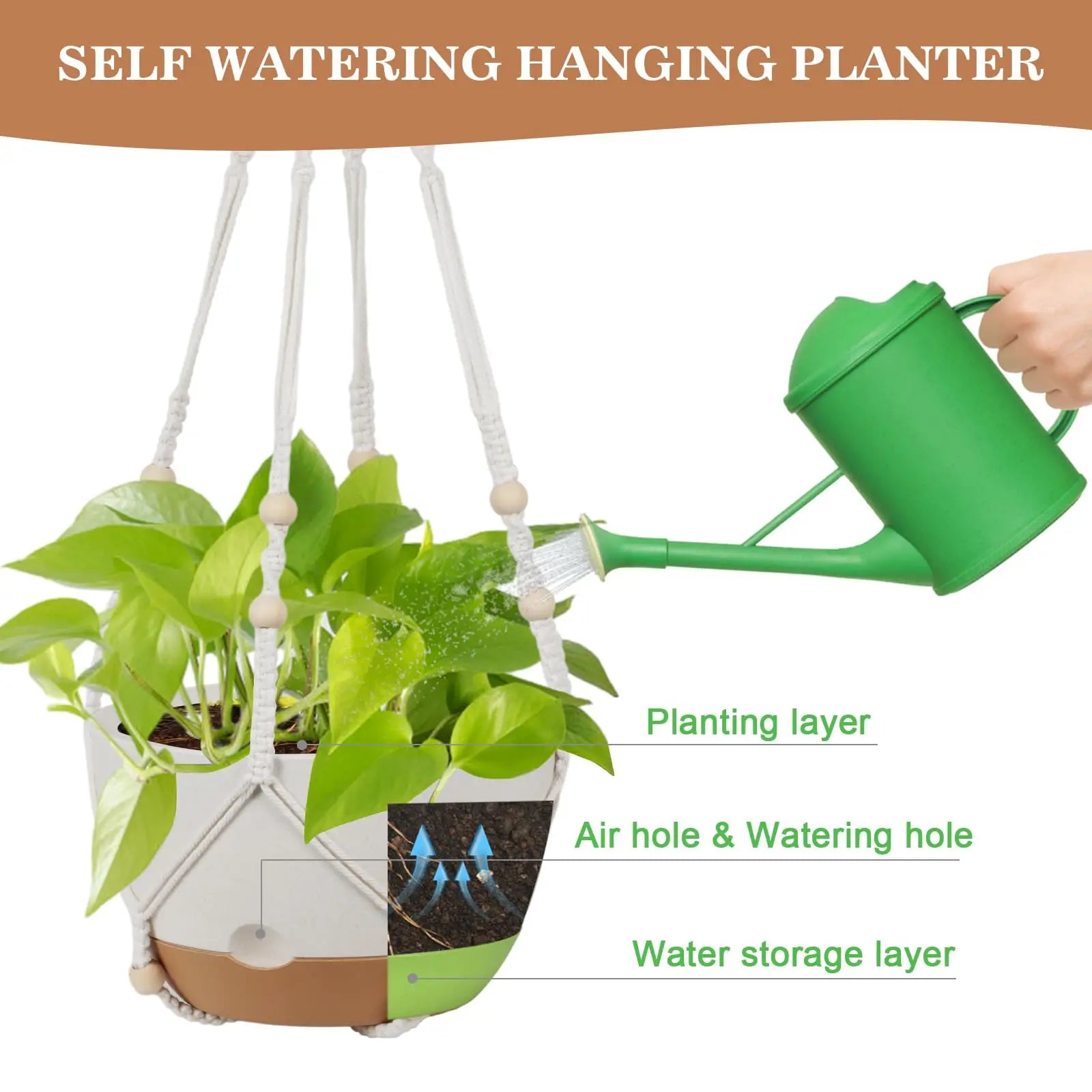 3 Pack Hanging Planters for Indoor Plants, 10 + 10 + 8 Inch Self-Watering Hanging Plant Pot, Macrame Plant Hanger with Pot, Ceiling Hooks, Removable Saucer and Drainage Holes for Garden Home