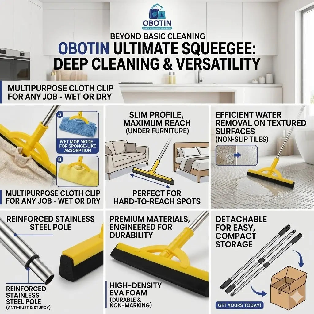 Heavy-Duty 2-in-1 Floor Squeegee - Lightweight and Durable Foam Blade with Adjustable Extendable Handle for Indoor and Outdoor Cleaning