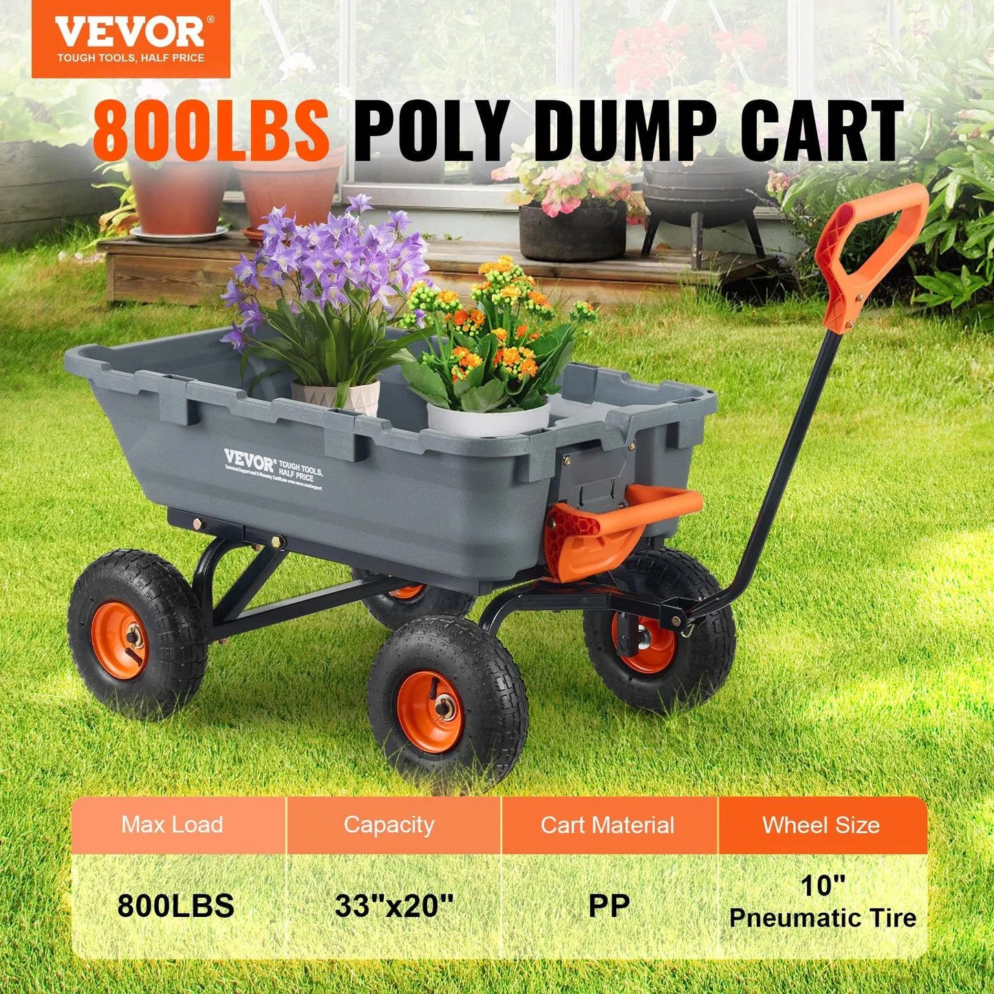 【Fathersdaygift】Vevor Poly Garden Dump Cart with Easy to Assemble Steel Frame, 2-In-1 Convertible Handle, 13 Inch Tires, Max Capacity 1500 Lbs, Utility Wheelbarrow Productivity Yard
