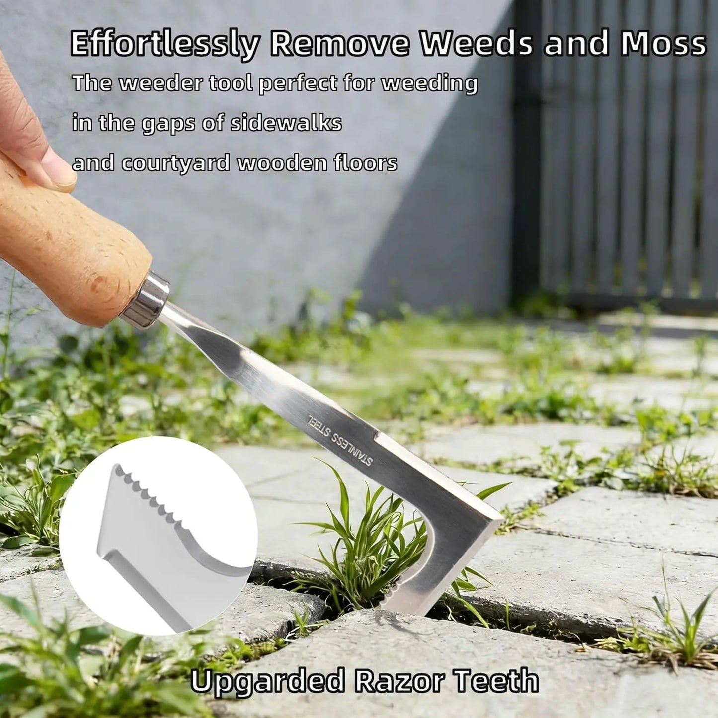 Crack Weeder Tool Stainless Steel Manual Grass Pullerwithbeech Wood Handle for Sidewalk Driveways Patiopavernarrow and Wall Gaps Garden