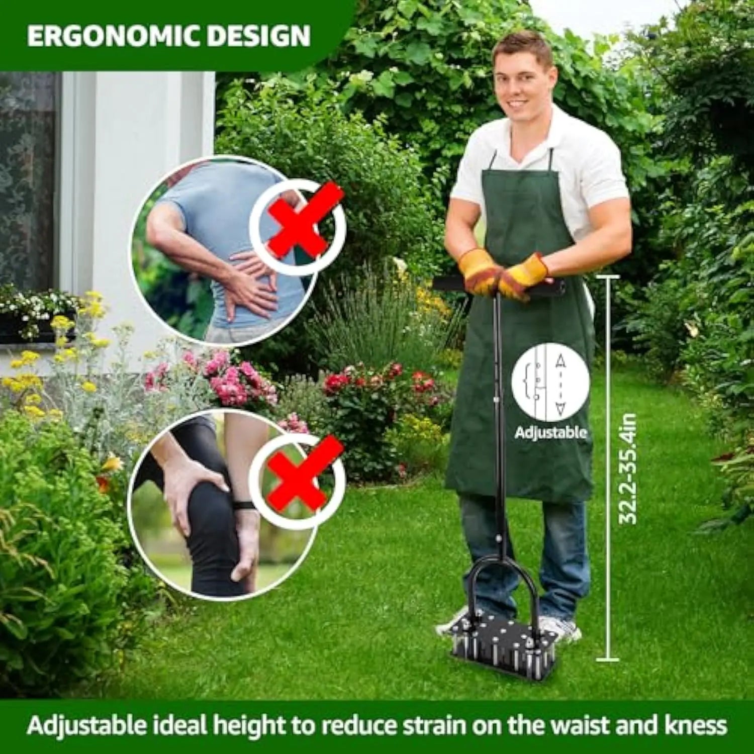 【Dealsforyoudays】Rifpod Lawn Aerator - Aerator Lawn Tool, Automatic Dirt and Leaf Clean Design, Heavy Duty Manual Lawn Aerator Tool with 15 Iron Spikes, Height Adjustable, Yard Grass Aerator for Lawn (Black)