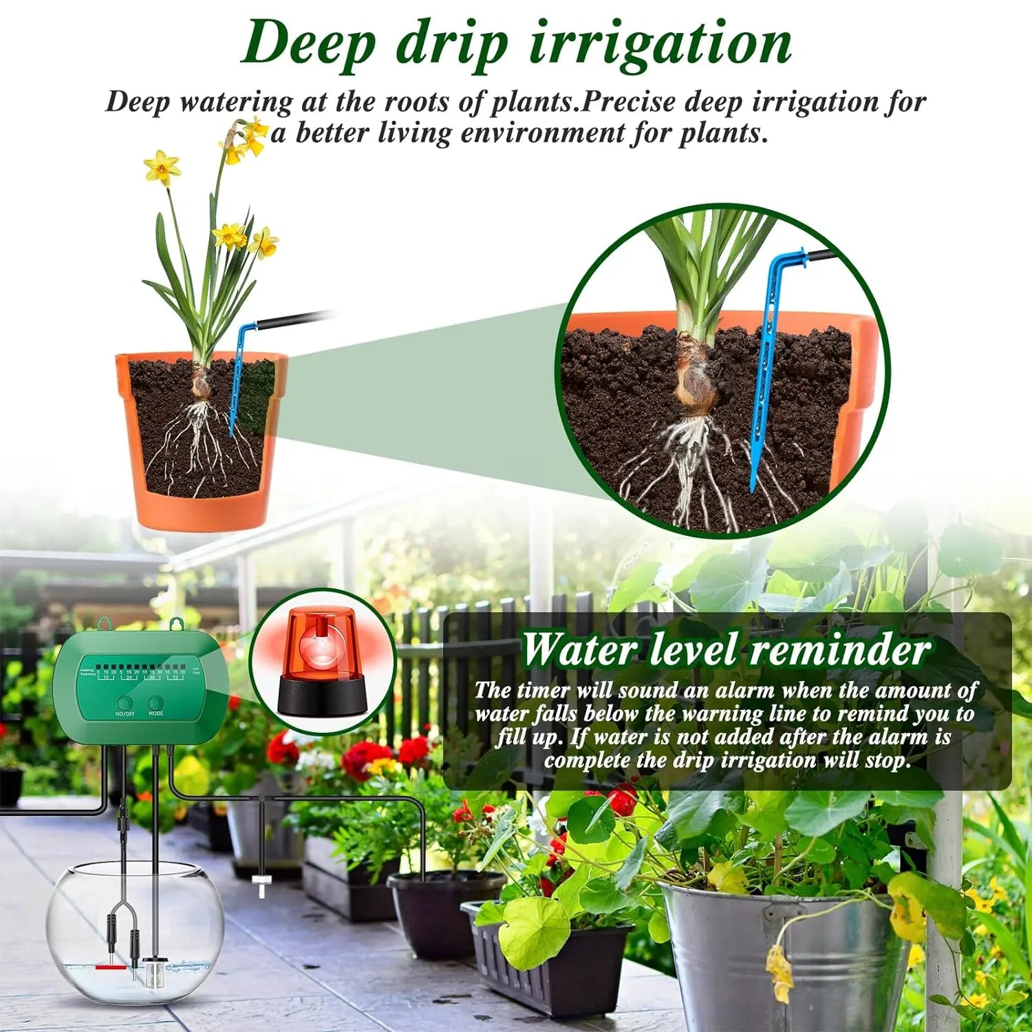 Solar-Powered Automatic Drip Irrigation Kit with Timer, 12 Modes, Water Level Alarm, 15 Plants, 15M Tube & Drippers, for Indoor Outdoor Garden, Balcony, Greenhouse & Potted Plants