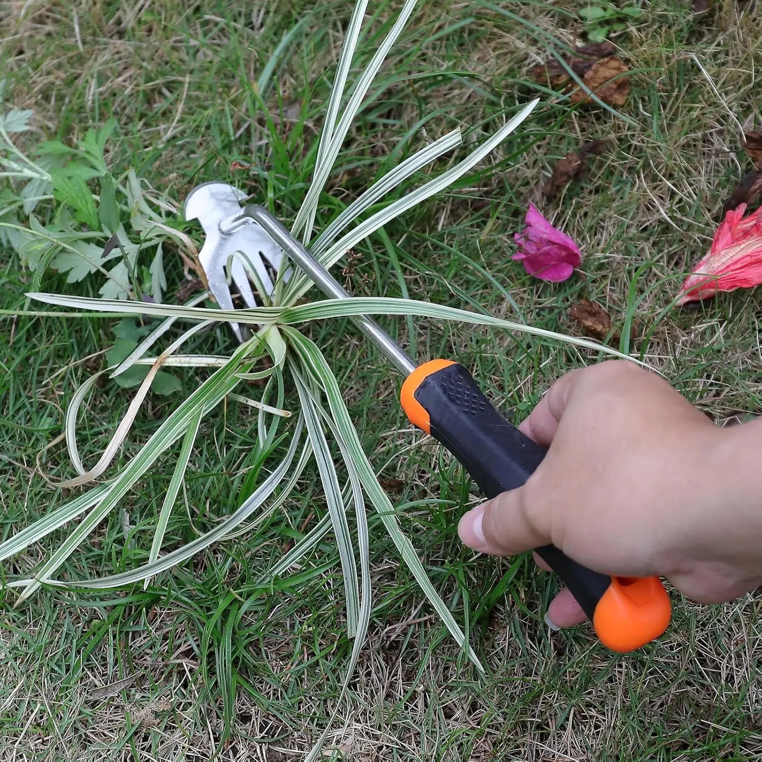【Dealsforyoudays】Durable Stainless Steel Weeding Tool, Electroplated Grass Remover with Rubber Handle, Portable Uprooting Hand Tool for Garden