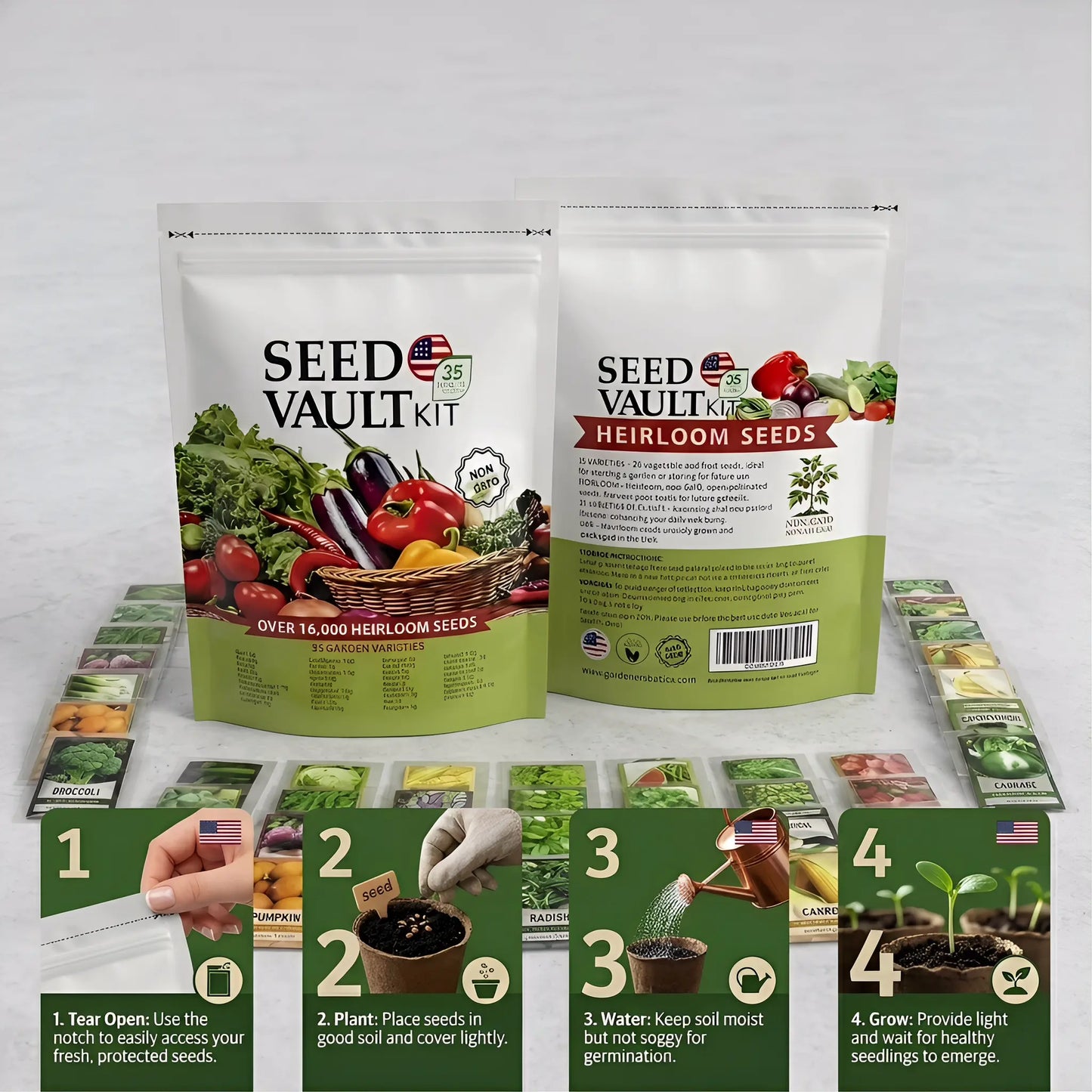 Heirloom Vegetable Seed Vault - 35-Variety, 90% Germination Rate, 16000+ Non-Gmo Survival Stock, Seedling Packet Vegetables, Broccoli Seeds, Grow Kit, Home Garden Emergency Supply, Beginner Gardening Gift, Double-Flowered Moss Rose Annual, Broccoli Seeds