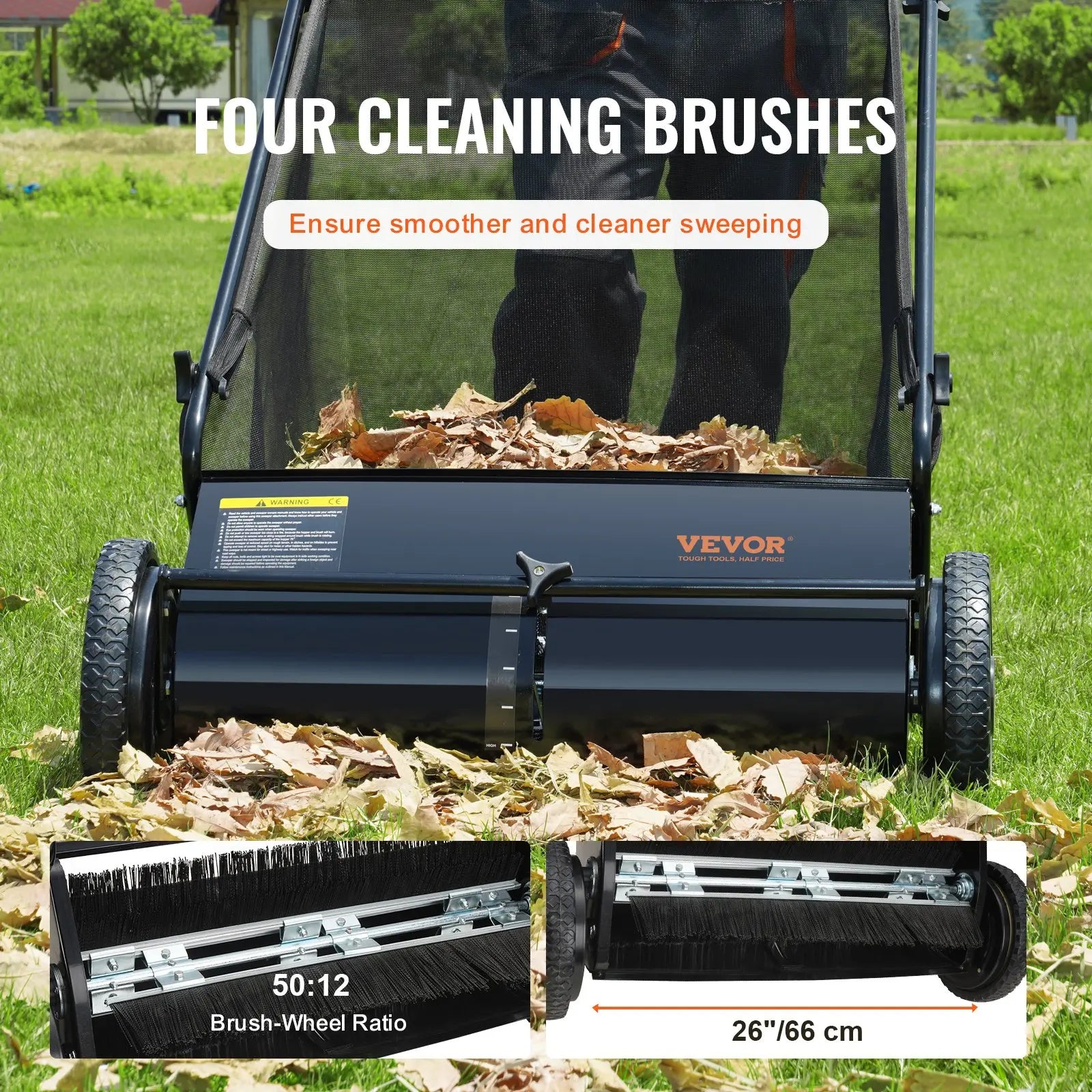 【Dealsforyoudays】Vevor Push Lawn Sweeper 26 Inch Leaf & Grass Collectorstrong Rubber Wheels & Heavy Duty Thickened Steel Durable to Use with Large Capacity 7 Ft³ Mesh Collection Bag4 Spinning Brushes