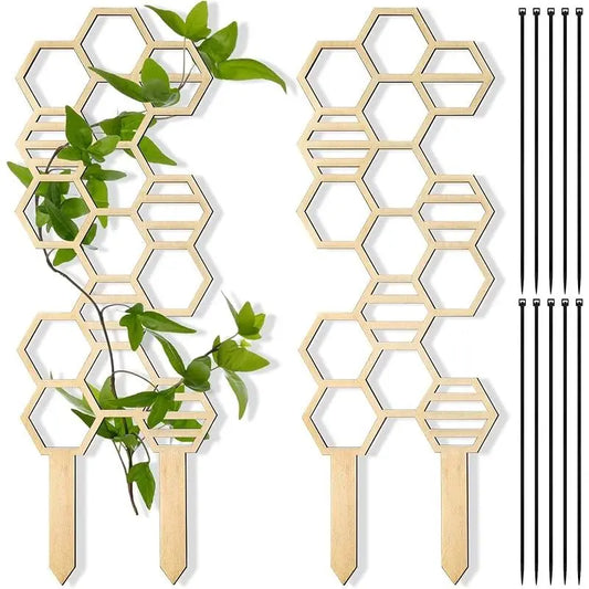 2 Pcs Indoor Plant Trellis for Climbing Plants, 16" Wooden Small Trellis Hexagon Potted Plant Trellis with 10 Pcs Black Cable Ties for Vine Flower Stem Support Accessories(Honeycomb)