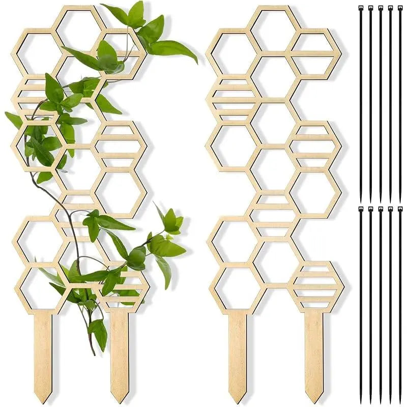 2 Pcs Indoor Plant Trellis for Climbing Plants, 16" Wooden Small Trellis Hexagon Potted Plant Trellis with 10 Pcs Black Cable Ties for Vine Flower Stem Support Accessories(Honeycomb)