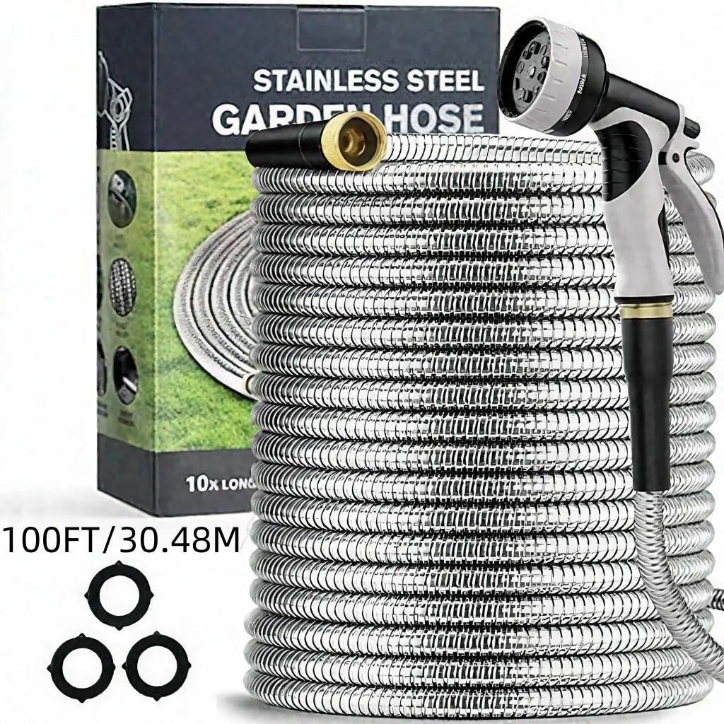 304 Garden Hose Metal 50FT/100FT Stainless Steel Heavy Duty Water Hose with 10 Function Nozzle, No-Kink, Tough & Flexible, Rust Proof for Yard, Outdoor, RV