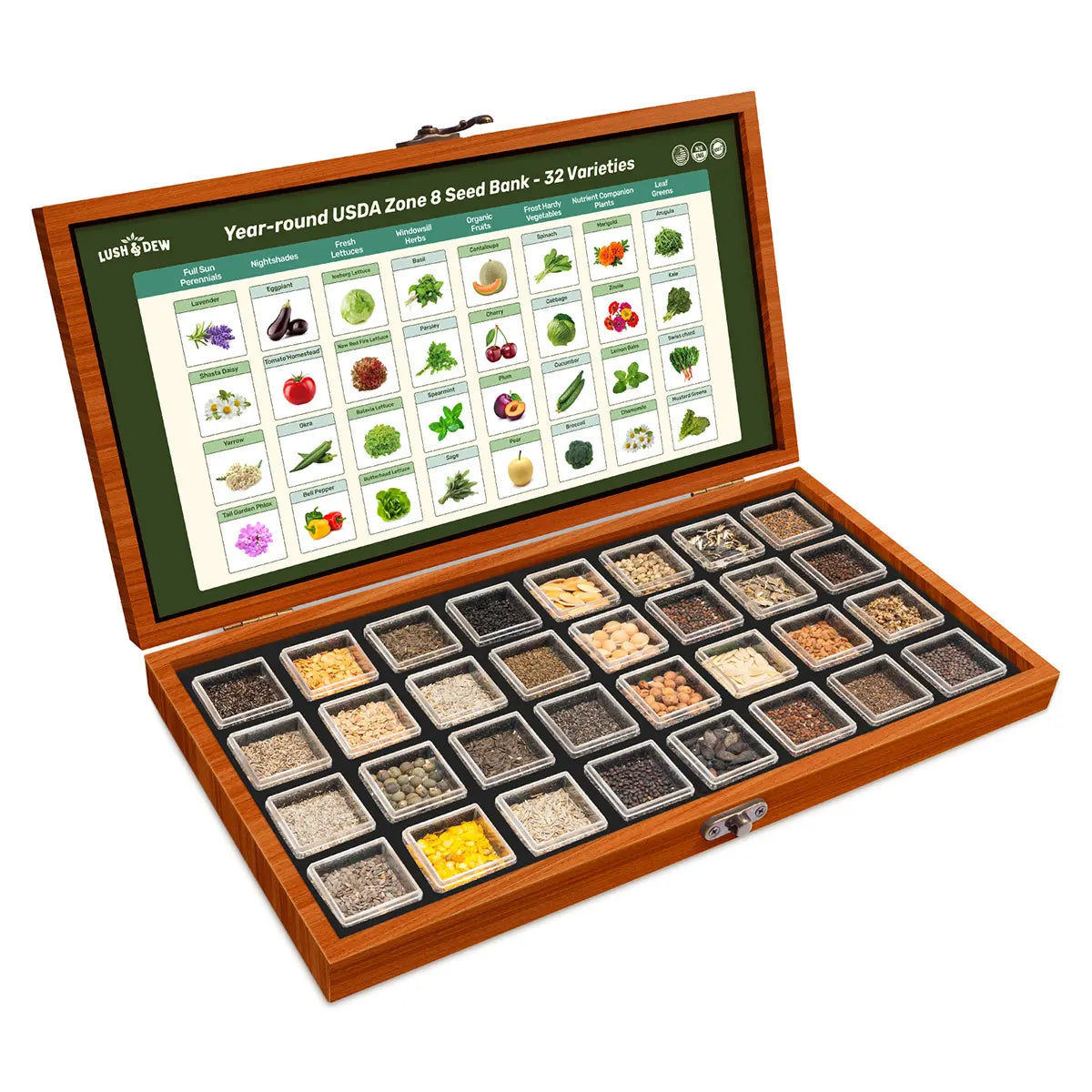 LUSH&DEW Year-Round USDA Zone 7 Seed Bank - 32 Organic Seed Varieties for All Seasons Gardening with Seasonal Synchrony