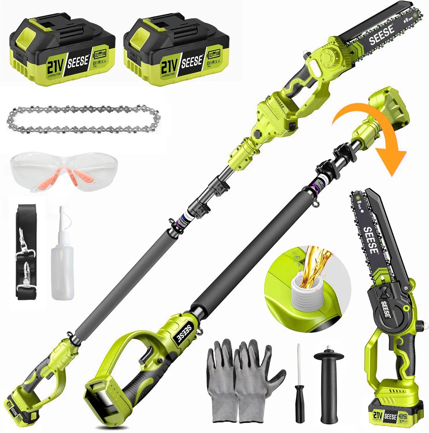 【Dealsforyoudays】Seese 2 in 1 Mini Chainsaw with 2 X 21V Batteries, 8" Brushless Electric Pruner, Telescopic Pruning Saw, Working Height up to 15Ft, 180° Angled Head, Shoulder Strap