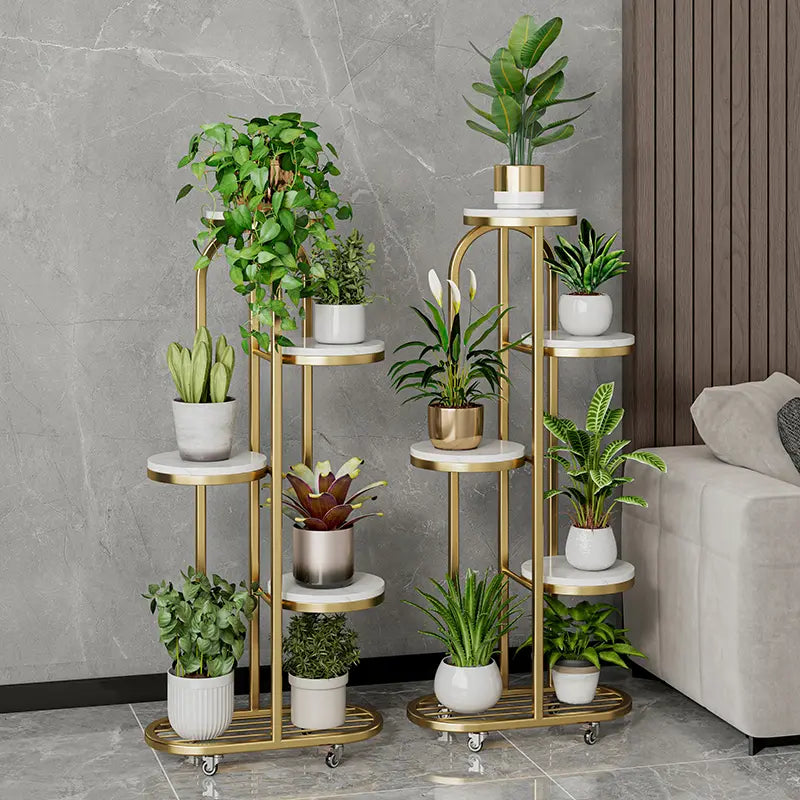 Modern Mobile Plant Stand with Wheels - Gold Metal Indoor Flower Rack, Multi-Tier Display Shelf for Living Room and Office (Space-Saving Design)