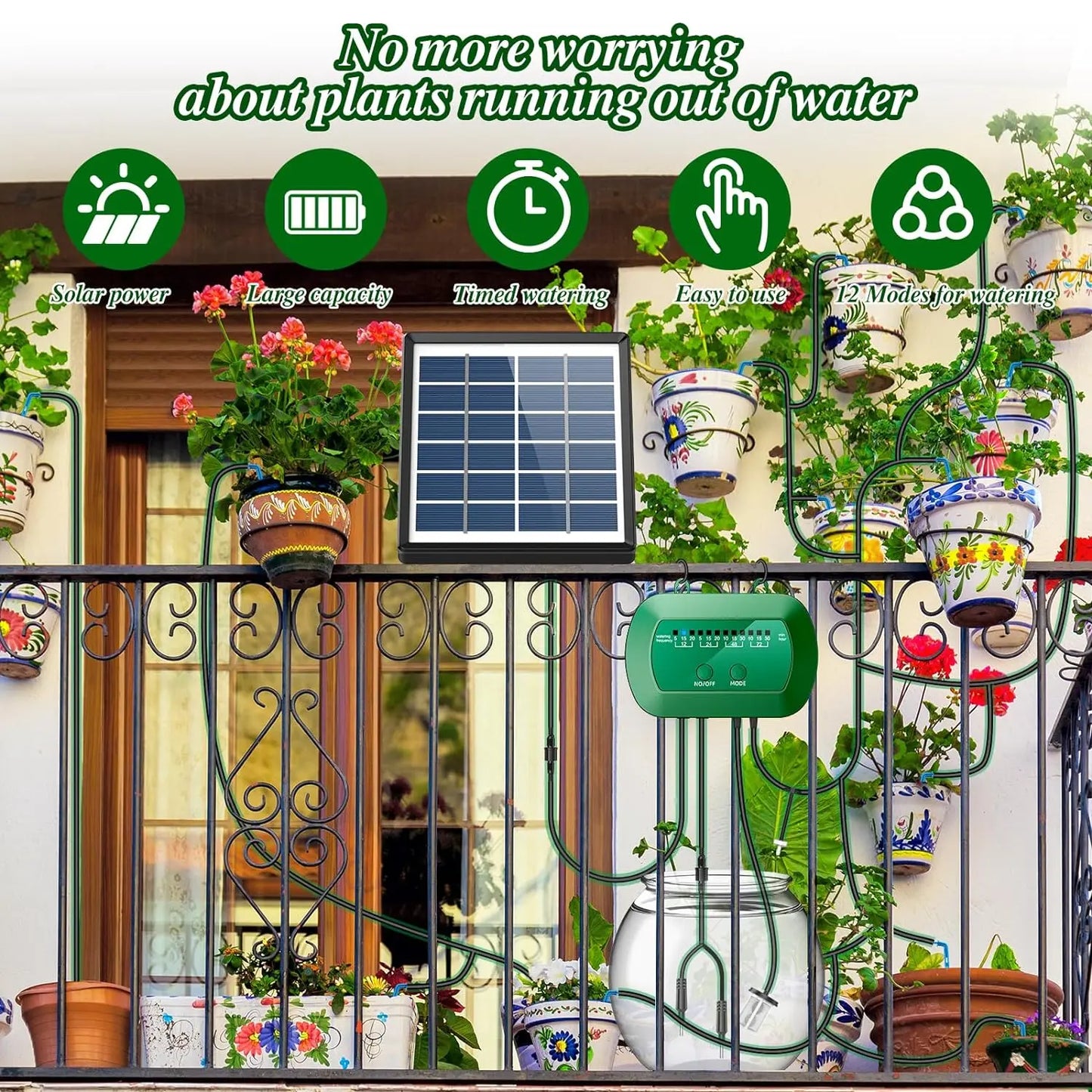 Solar-Powered Automatic Drip Irrigation Kit with Timer, 12 Modes, Water Level Alarm, 15 Plants, 15M Tube & Drippers, for Indoor Outdoor Garden, Balcony, Greenhouse & Potted Plants