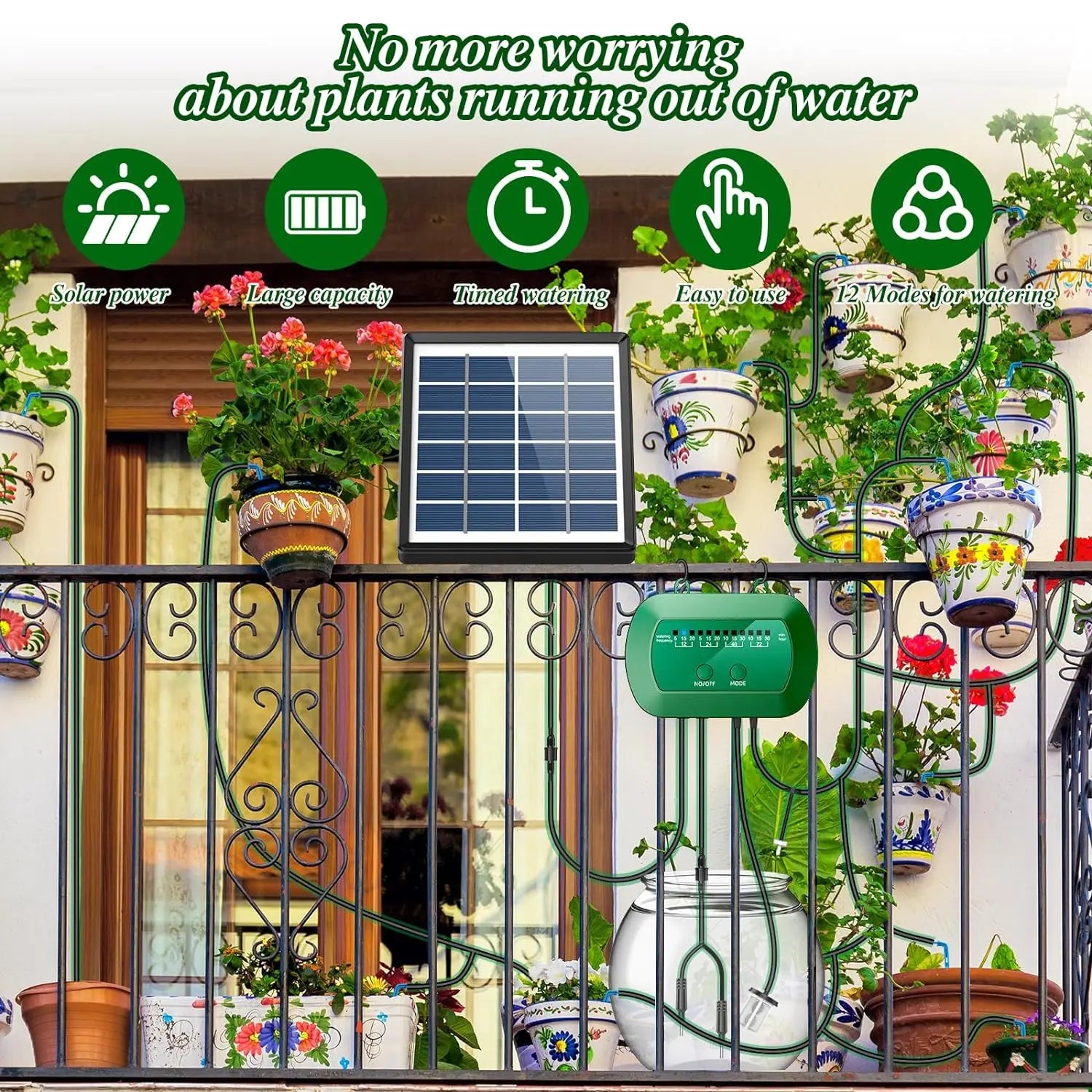 Solar-Powered Automatic Drip Irrigation Kit with Timer, 12 Modes, Water Level Alarm, 15 Plants, 15M Tube & Drippers, for Indoor Outdoor Garden, Balcony, Greenhouse & Potted Plants