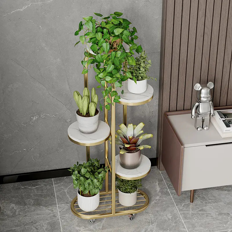 Modern Mobile Plant Stand with Wheels - Gold Metal Indoor Flower Rack, Multi-Tier Display Shelf for Living Room and Office (Space-Saving Design)