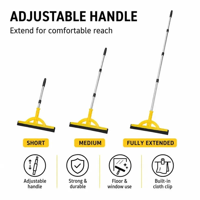 Heavy-Duty 2-in-1 Floor Squeegee - Lightweight and Durable Foam Blade with Adjustable Extendable Handle for Indoor and Outdoor Cleaning