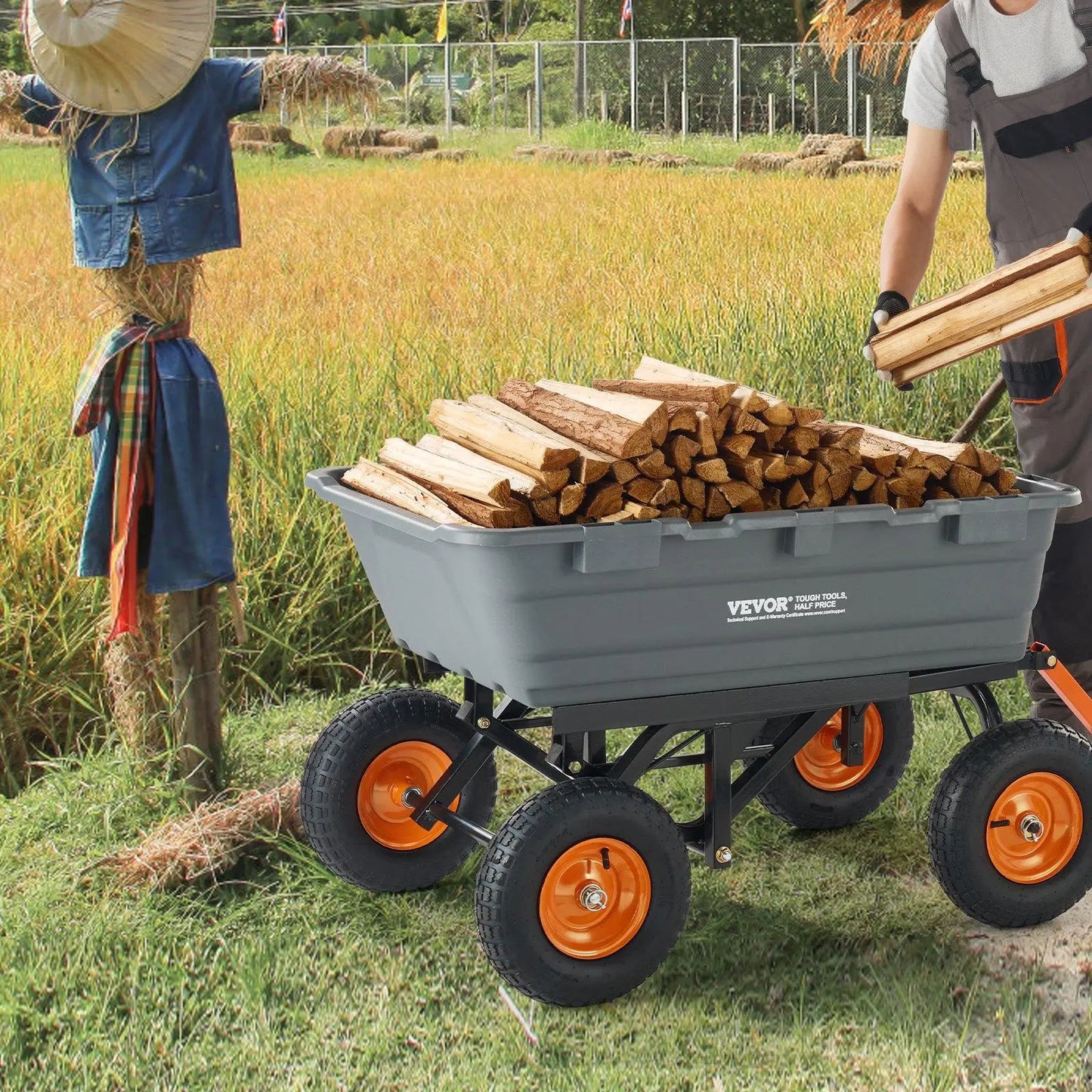 【Fathersdaygift】Vevor Poly Garden Dump Cart with Easy to Assemble Steel Frame, 2-In-1 Convertible Handle, 13 Inch Tires, Max Capacity 1500 Lbs, Utility Wheelbarrow Productivity Yard
