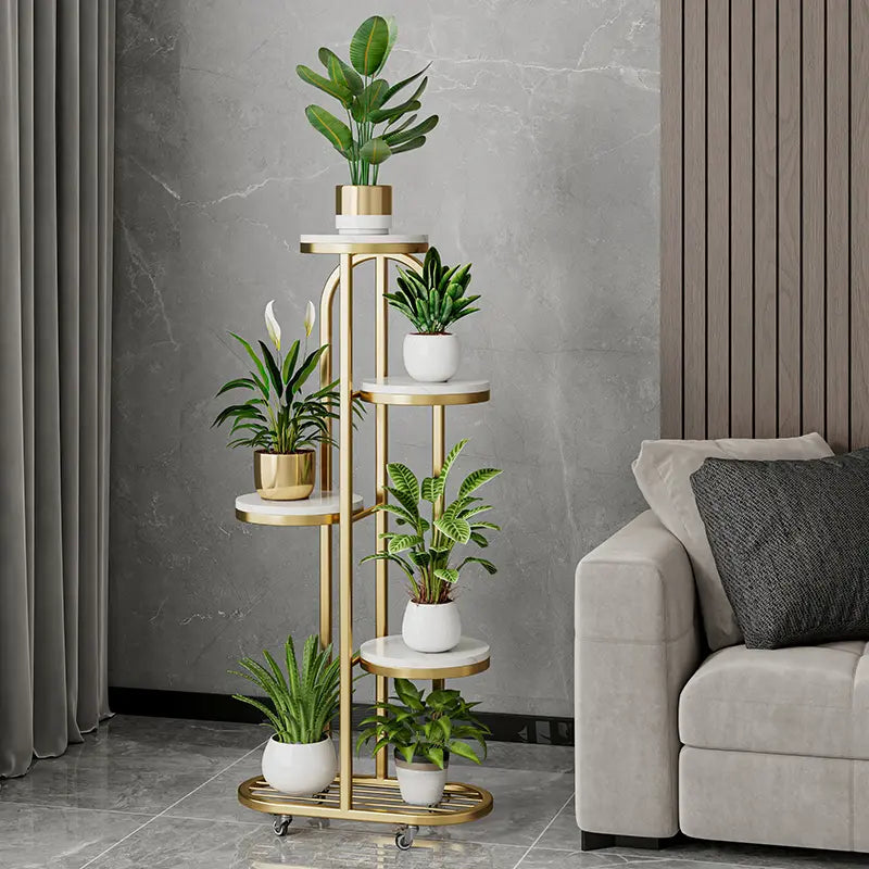 Modern Mobile Plant Stand with Wheels - Gold Metal Indoor Flower Rack, Multi-Tier Display Shelf for Living Room and Office (Space-Saving Design)