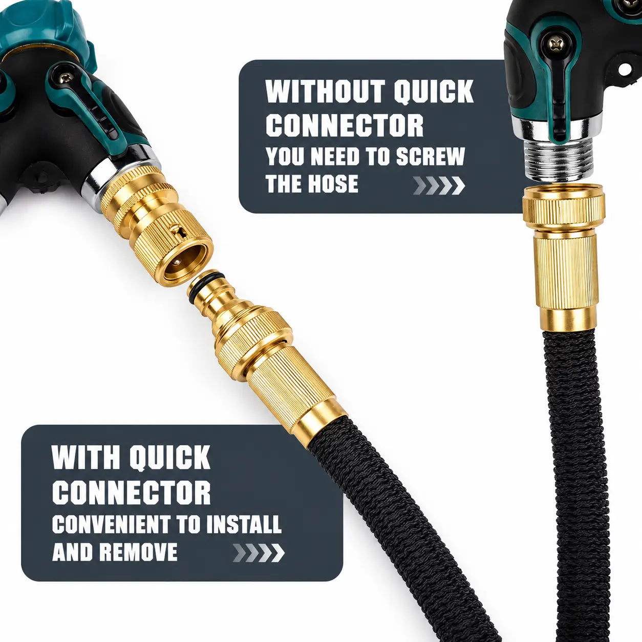 Garden Hose Quick Connector, 1 PCS Solid Brass 3/4 Inch GHT Thread Fitting(No Sprayer), No-Leak Water Hose Female & Male Adapter, Garden Hose Connectors