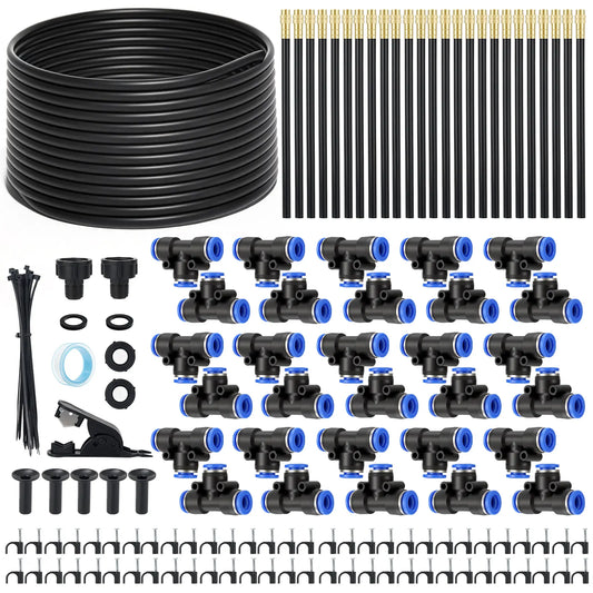 Drip Irrigation System 100FT 5/16", Upgrade Garden Sprinkler Kit with 25PCS 360° Adjustable Copper Nozzles, Automatic Misting Watering System for Raised Beds, Greenhouse, Lawn, Patio, Yard & Potted Plants