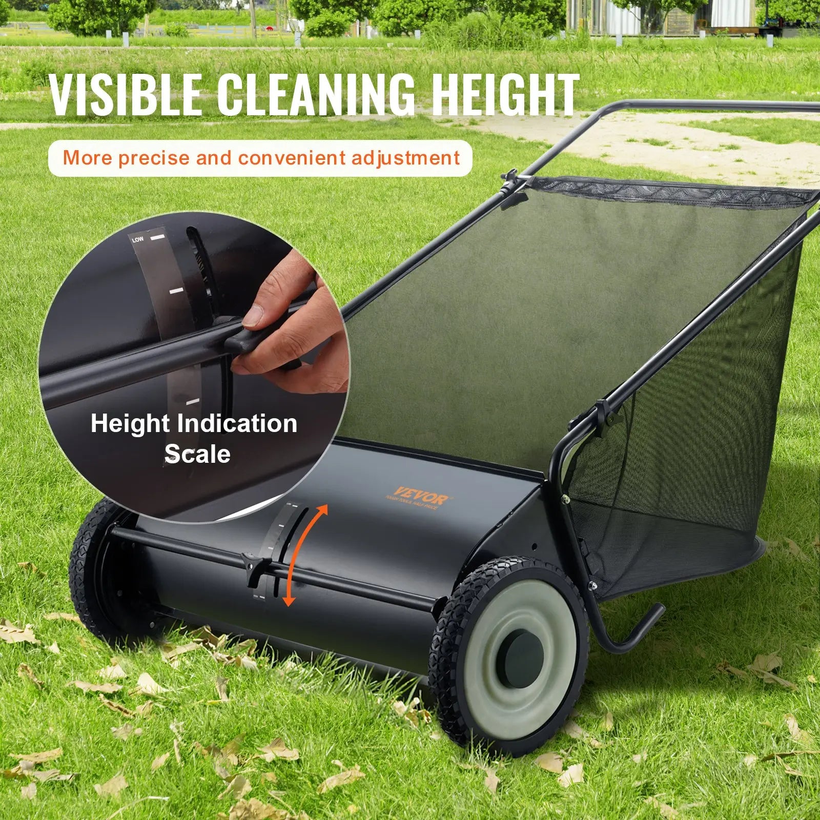 【Dealsforyoudays】Vevor Push Lawn Sweeper 26 Inch Leaf & Grass Collectorstrong Rubber Wheels & Heavy Duty Thickened Steel Durable to Use with Large Capacity 7 Ft³ Mesh Collection Bag4 Spinning Brushes