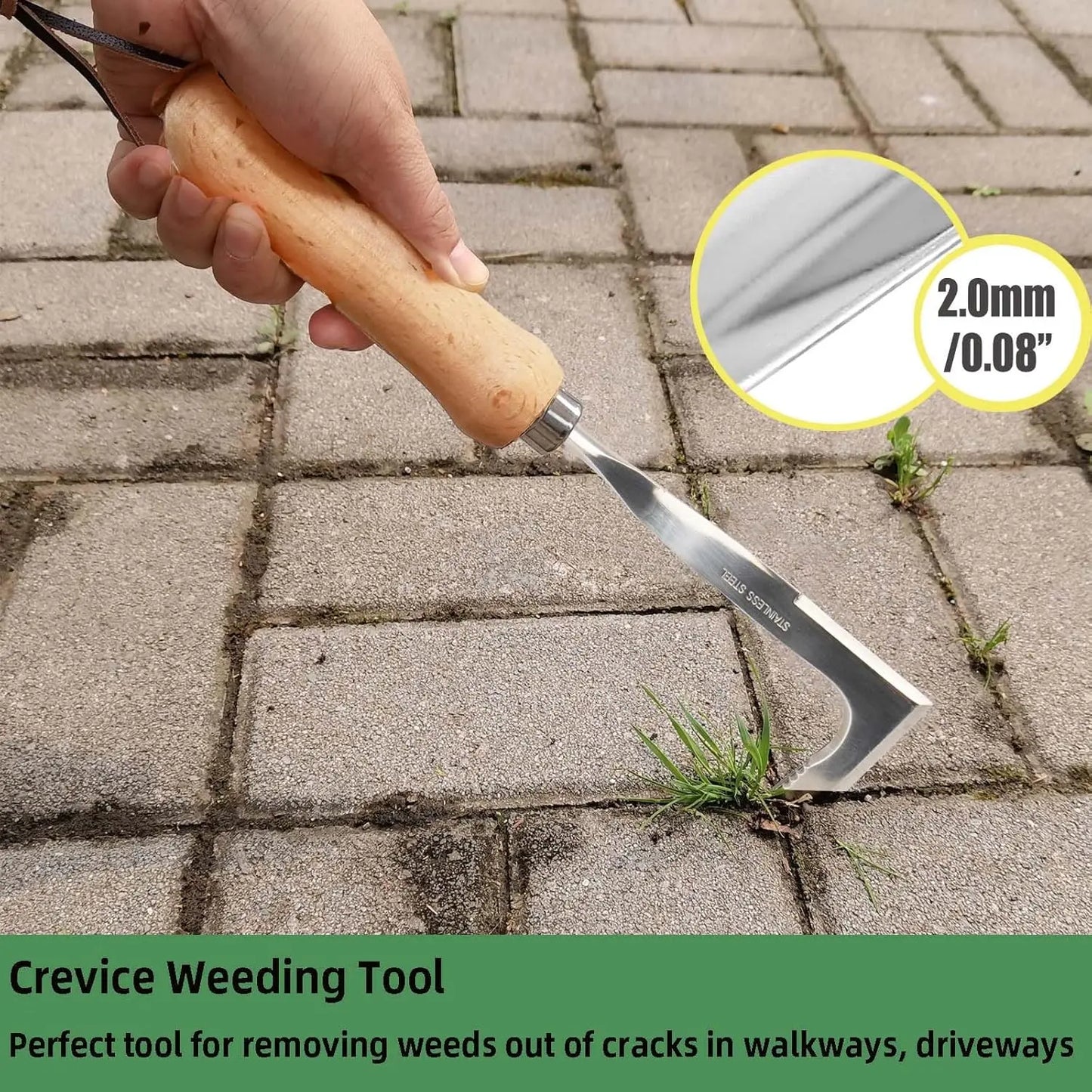 Crack Weeder Tool Stainless Steel Manual Grass Pullerwithbeech Wood Handle for Sidewalk Driveways Patiopavernarrow and Wall Gaps Garden