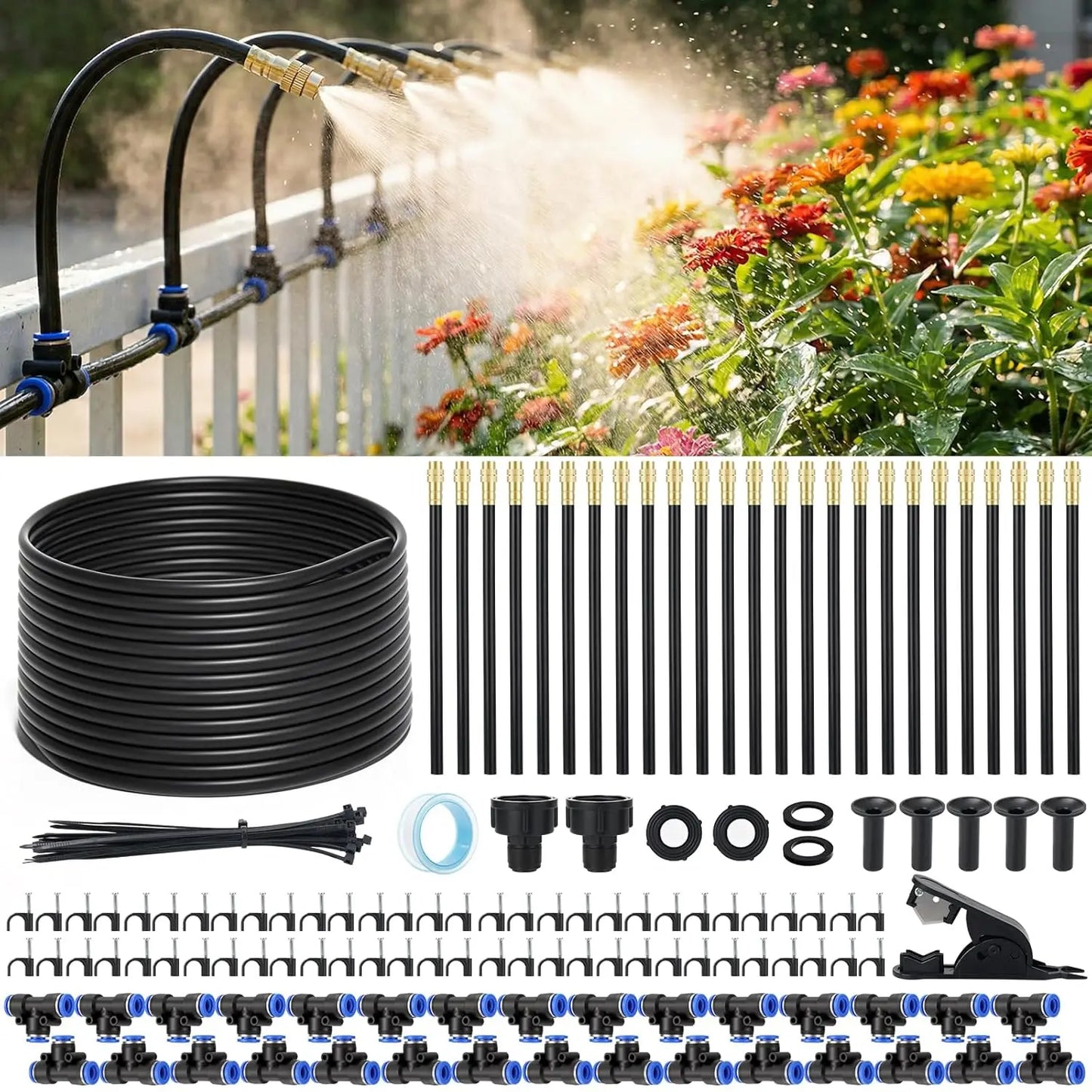 Drip Irrigation System 100FT 5/16", Upgrade Garden Sprinkler Kit with 25PCS 360° Adjustable Copper Nozzles, Automatic Misting Watering System for Raised Beds, Greenhouse, Lawn, Patio, Yard & Potted Plants