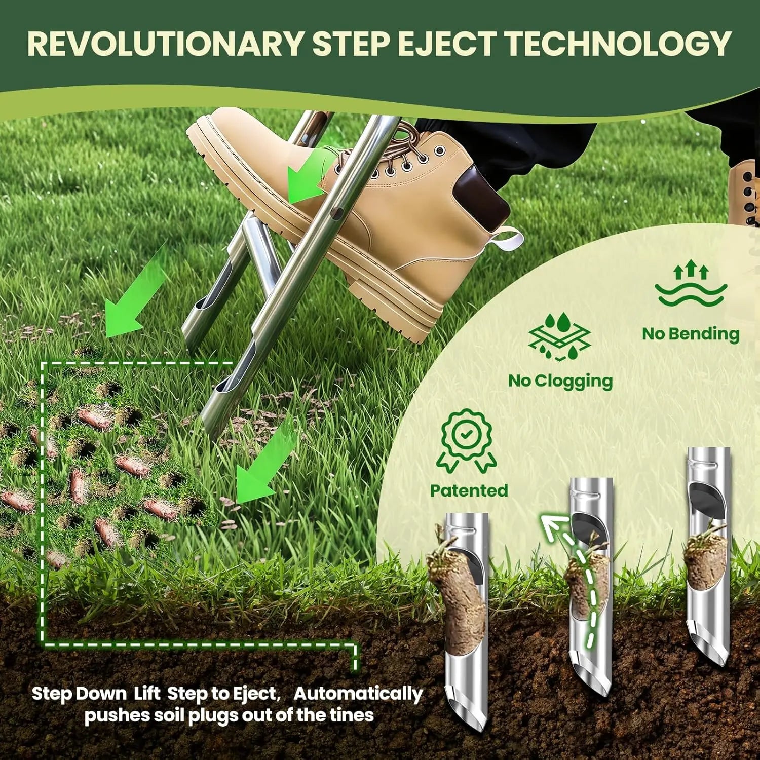 EKIORI Manual Lawn Aerator with Patented Step-To-Eject System - Heavy-Duty Steel Core Aerator Tool for Clog-Free Soil Plugging, Easy DIY Yard Care for Greener Grass
