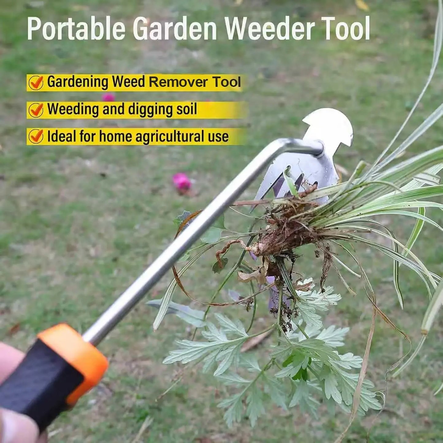 【Dealsforyoudays】Durable Stainless Steel Weeding Tool, Electroplated Grass Remover with Rubber Handle, Portable Uprooting Hand Tool for Garden