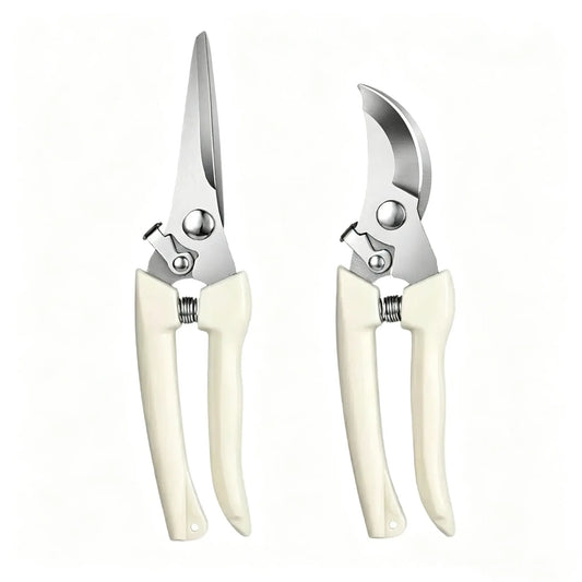 IRONFIX 2Pcs Stainless Steel Garden Pruning Shears - Sharp Pruning Tool, Cutting Pruners for Gardening & Florists, Garden Tools with Straight & Curved Blades for Plants, Fruit Tree Branches