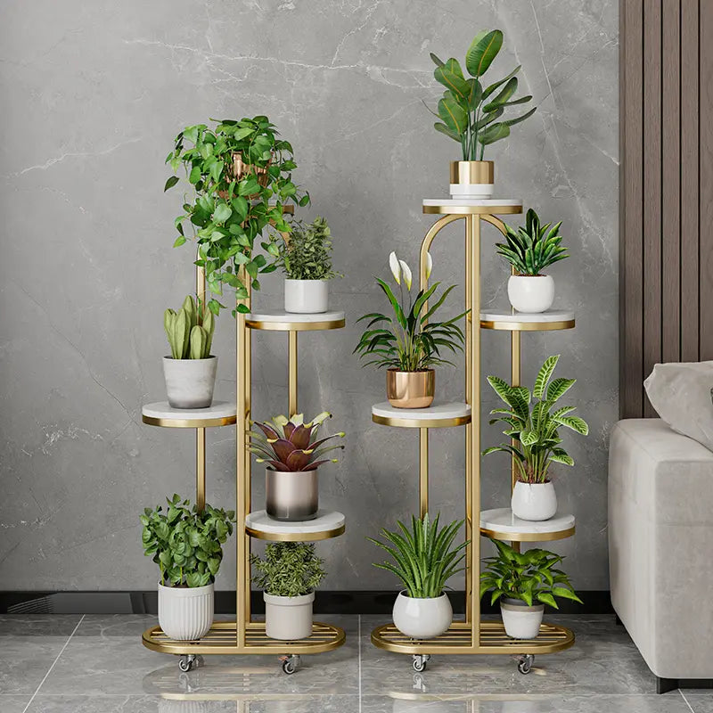 Modern Mobile Plant Stand with Wheels - Gold Metal Indoor Flower Rack, Multi-Tier Display Shelf for Living Room and Office (Space-Saving Design)
