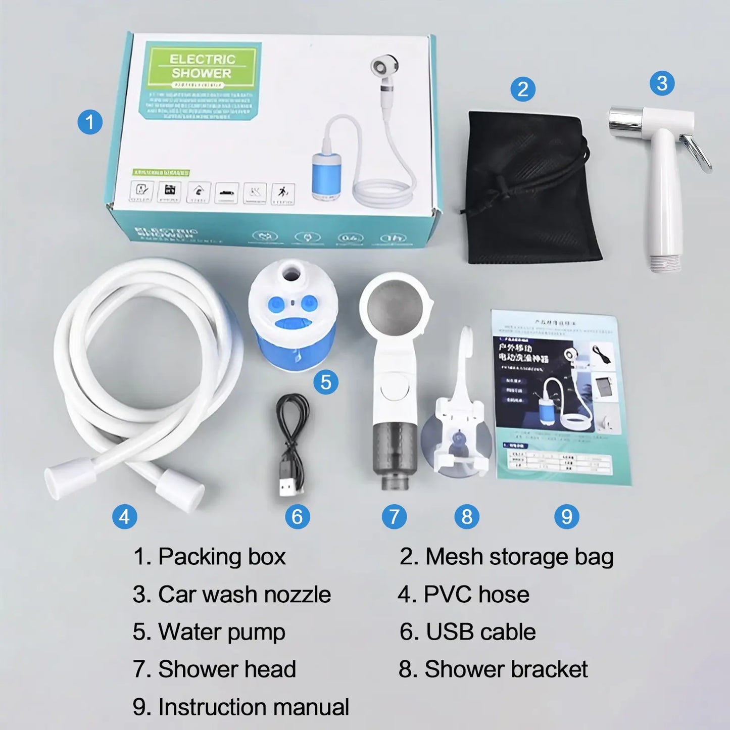 Rechargeable Water Pump Set, Portable Shower Head for Outdoor Travel Camping, Rechargeable Camping Showerhead, Camping Accessories, Camping Equipment, Camping Tools, Camping Supplies, Camping Gear, Pet Cleaning and Multifunctional Garden Drainage Tool Set