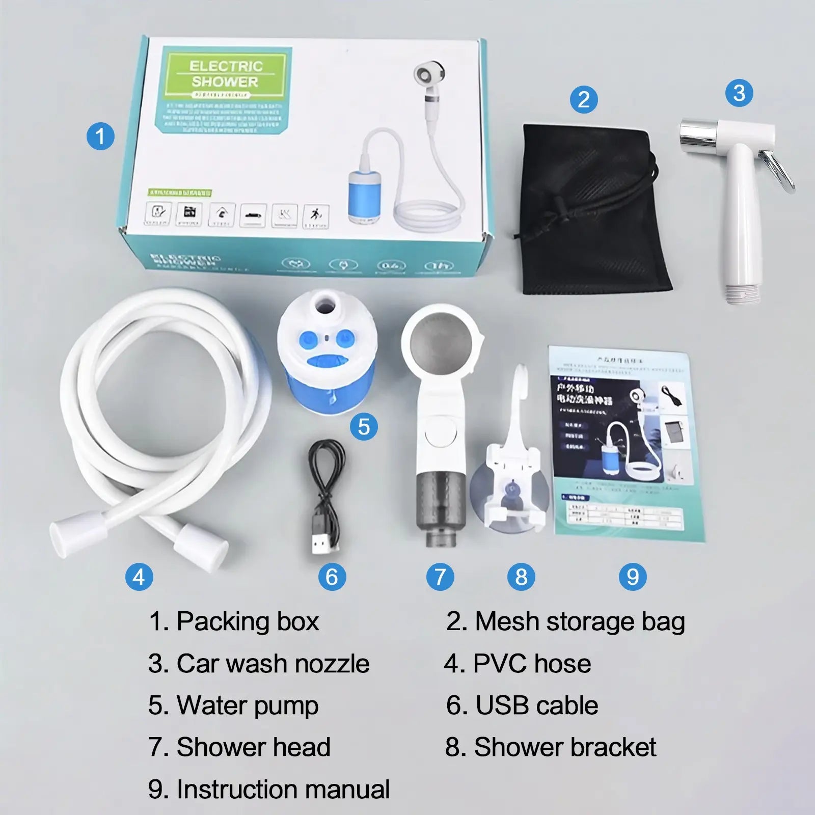 Rechargeable Water Pump Set, Portable Shower Head for Outdoor Travel Camping, Rechargeable Camping Showerhead, Camping Accessories, Camping Equipment, Camping Tools, Camping Supplies, Camping Gear, Pet Cleaning and Multifunctional Garden Drainage Tool Set