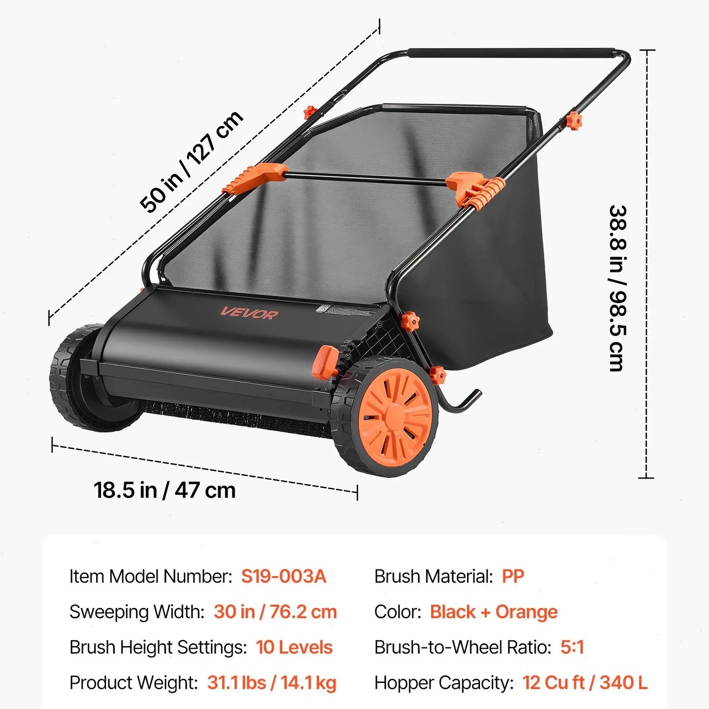 【Dealsforyoudays】Vevor Push Lawn Sweeper 26 Inch Leaf & Grass Collectorstrong Rubber Wheels & Heavy Duty Thickened Steel Durable to Use with Large Capacity 7 Ft³ Mesh Collection Bag4 Spinning Brushes