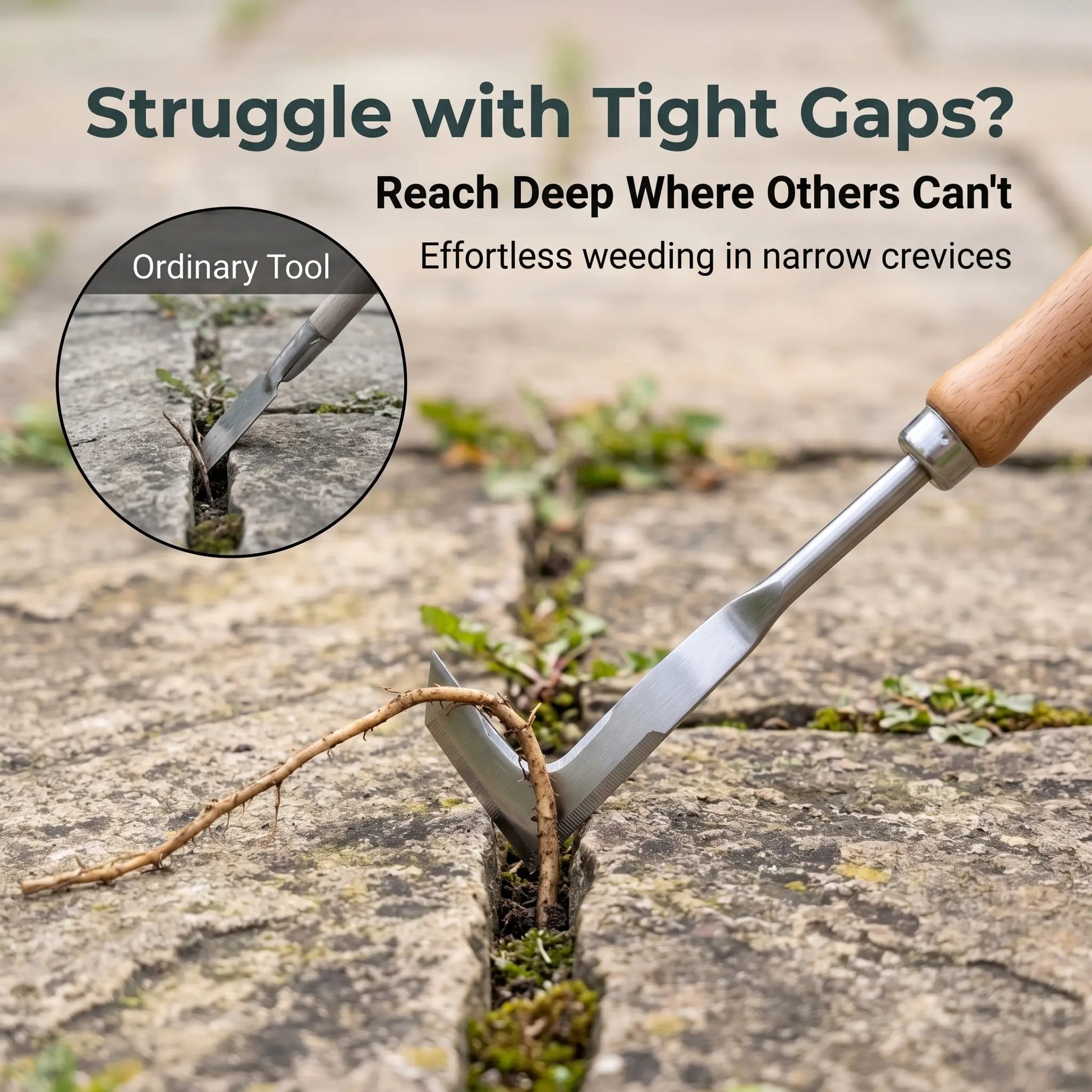 【Dealsforyoudays】Stainless Steel Crevice Weeder | Ergonomic Wood Handle Grass Puller | Driveway & Paver Gap Cleaner