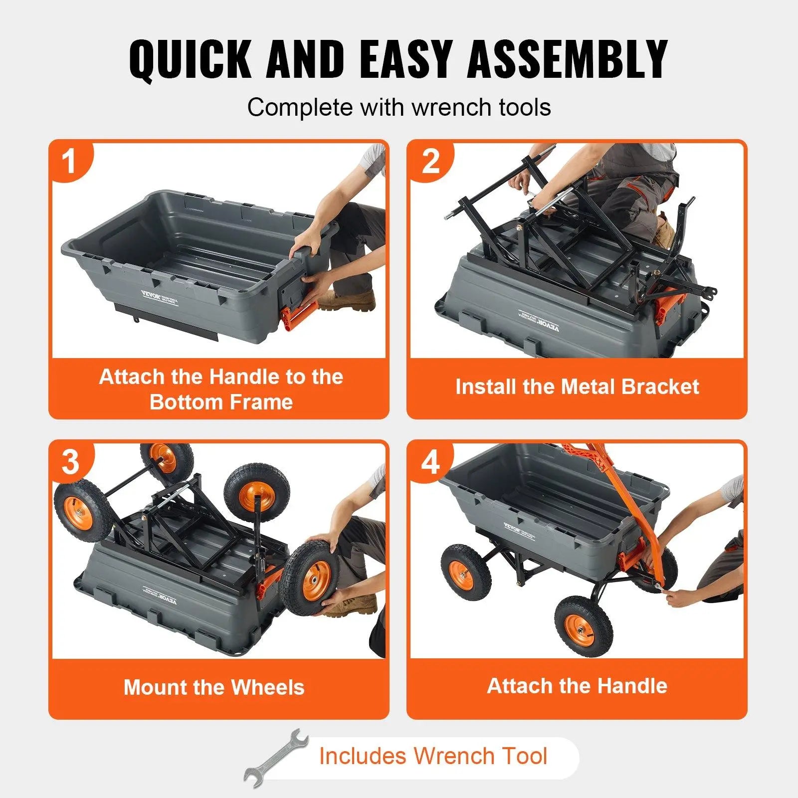【Fathersdaygift】Vevor Poly Garden Dump Cart with Easy to Assemble Steel Frame, 2-In-1 Convertible Handle, 13 Inch Tires, Max Capacity 1500 Lbs, Utility Wheelbarrow Productivity Yard