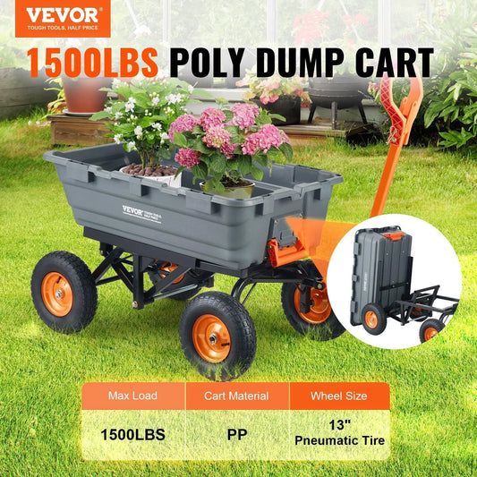 【Fathersdaygift】Vevor Poly Garden Dump Cart with Easy to Assemble Steel Frame, 2-In-1 Convertible Handle, 13 Inch Tires, Max Capacity 1500 Lbs, Utility Wheelbarrow Productivity Yard