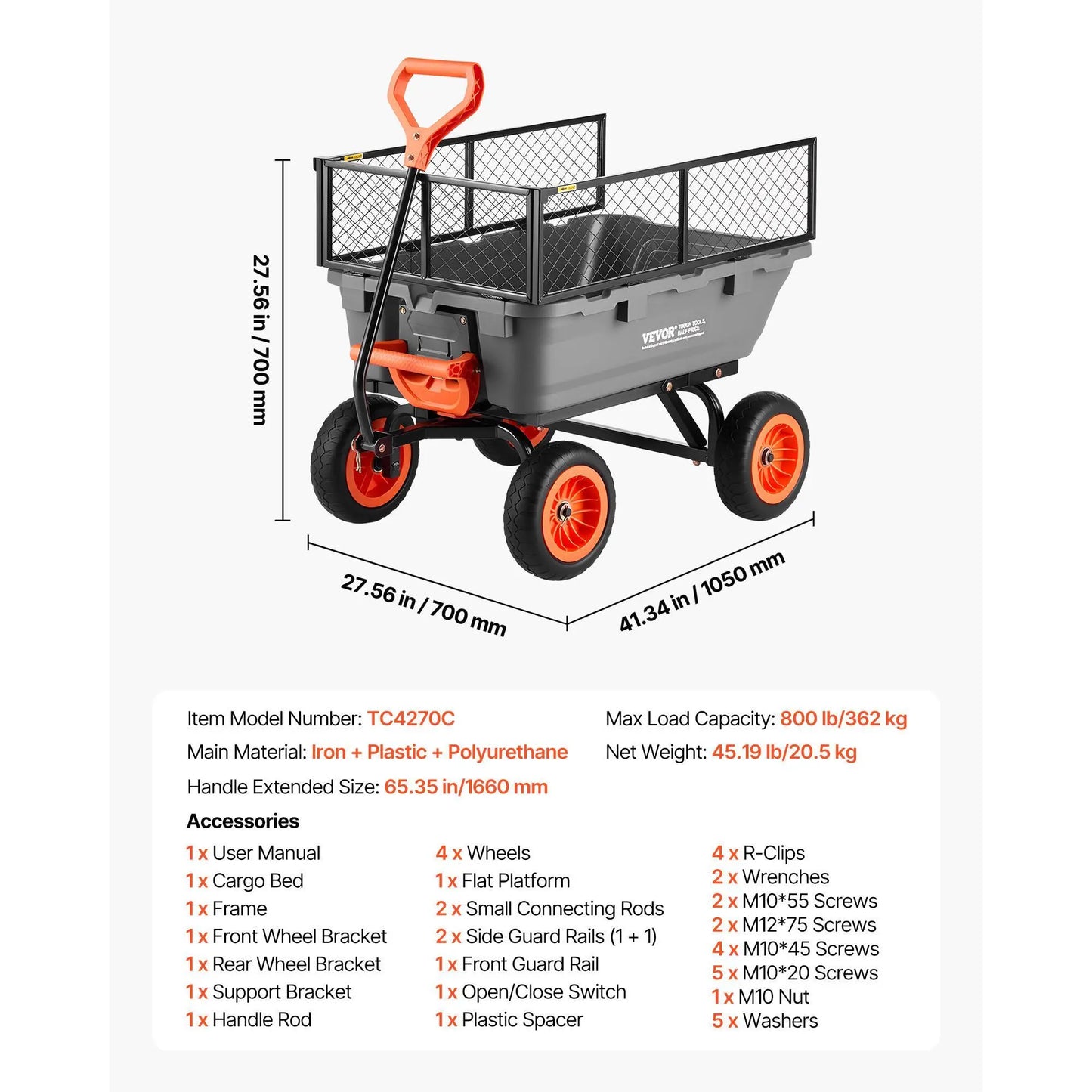 【Fathersdaygift】Vevor Poly Garden Dump Cart with Easy to Assemble Steel Frame, 2-In-1 Convertible Handle, 13 Inch Tires, Max Capacity 1500 Lbs, Utility Wheelbarrow Productivity Yard