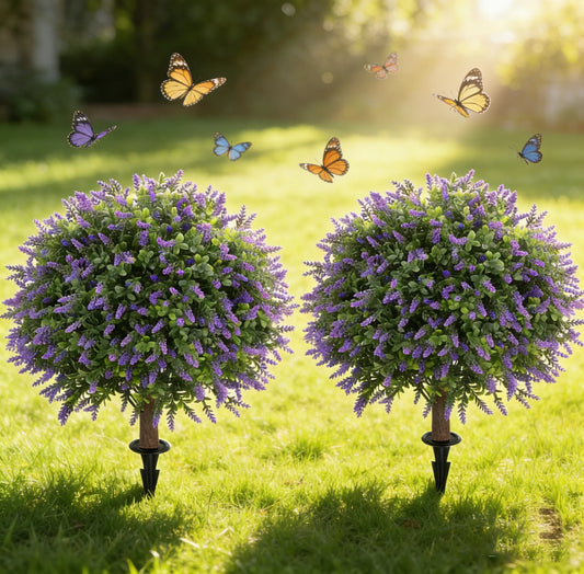 Artificial Boxwood Topiary Balls with Lavender – 24" Set of 2 Faux Shrub Bushes UV Resistant Faux Outdoor Plants for Indoor Porch Front Door, Evergreen Trees Faux Plant with Ground Spike, Mother'S Day Gifts Summerwins