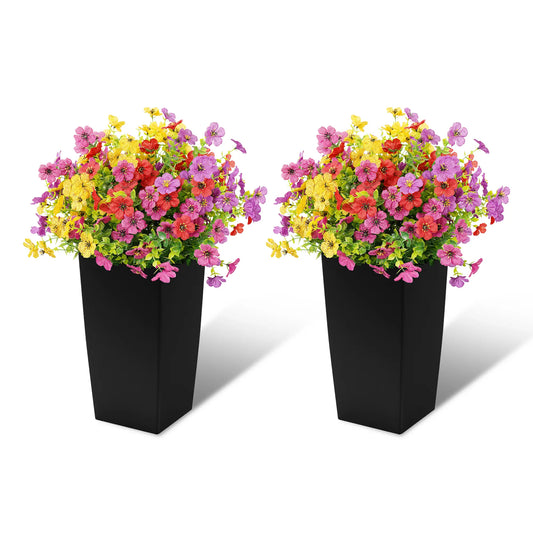 Set of 2 Artificial Flowers Outdoor with 2 Black Planters Total 60Cm, Fake Silk Flowers Durable Faux Plants for Front Porch, Patio, Garden Decoration Home