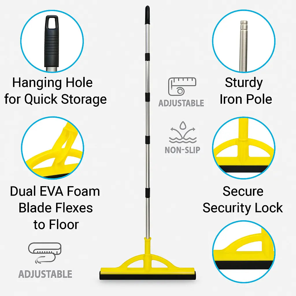 Heavy-Duty 2-in-1 Floor Squeegee - Lightweight and Durable Foam Blade with Adjustable Extendable Handle for Indoor and Outdoor Cleaning