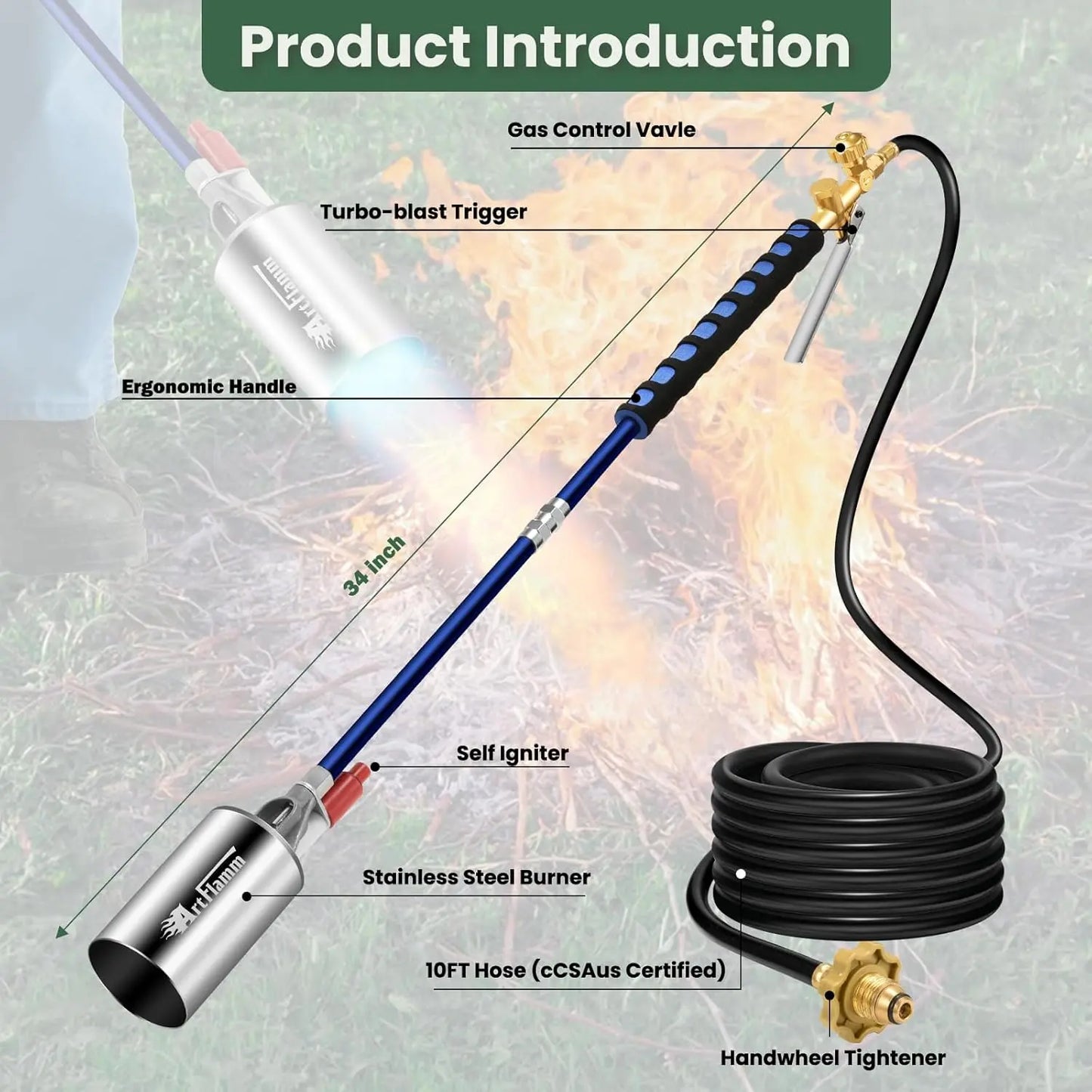 【Dealsforyoudays】Artflamm Springtok Propane Torch Weed Burner Kit with Storage Bag, Weed Torch with 10 FT Hose, Self Igniter Weed Flame Torch for Fire Pit, Roofing(Propane Tank Not Included)
