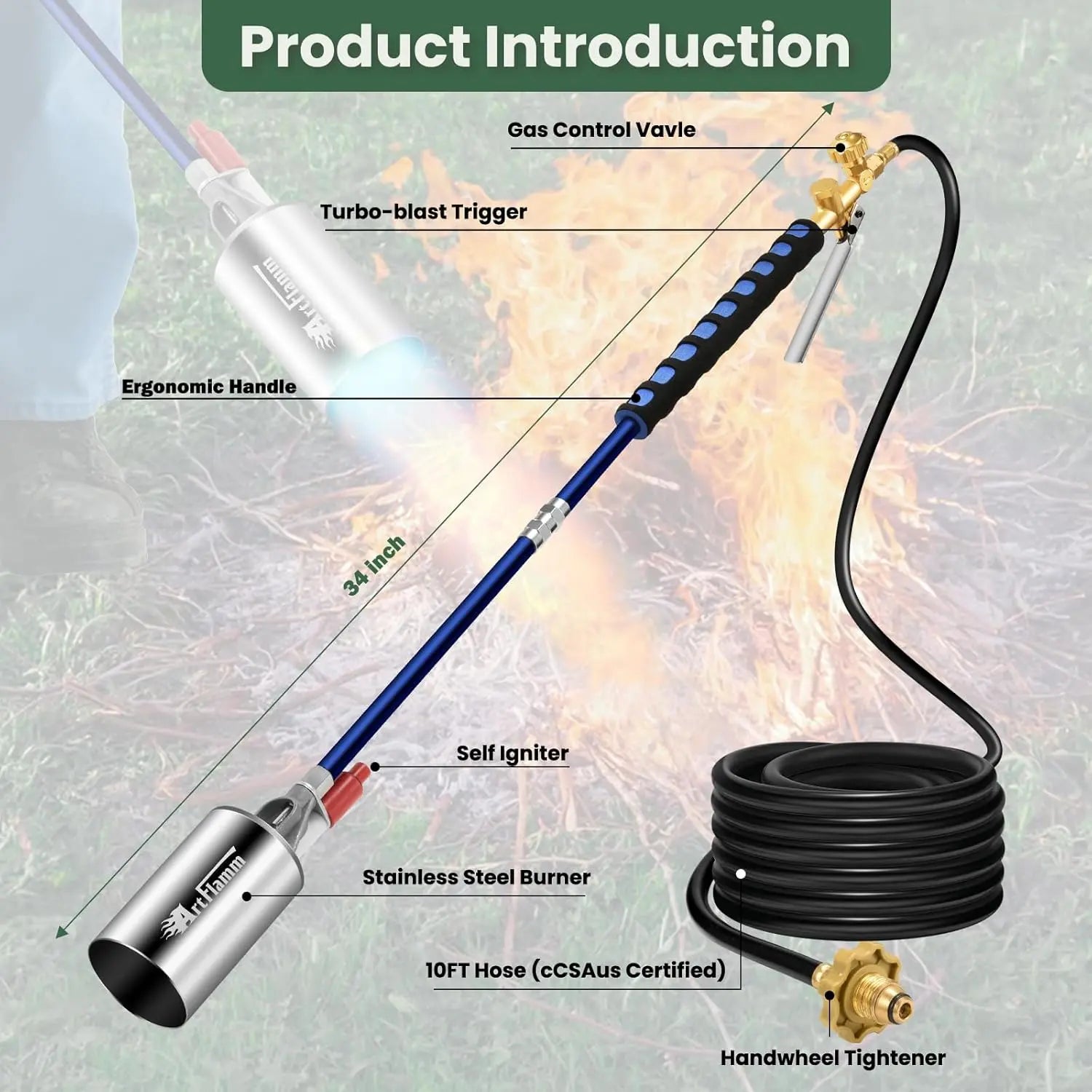 【Dealsforyoudays】Artflamm Springtok Propane Torch Weed Burner Kit with Storage Bag, Weed Torch with 10 FT Hose, Self Igniter Weed Flame Torch for Fire Pit, Roofing(Propane Tank Not Included)