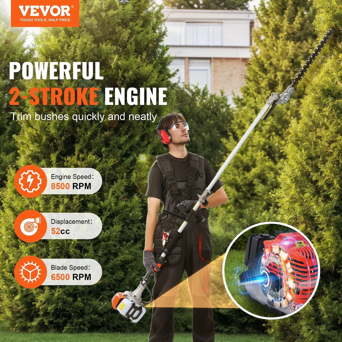 【Dealsforyoudays】Vevor 52CC 6-In-1 Multi-Functional Trimming Tools with Gas Hedge Trimmer, , Weed Eater, String Trimmer, Brush Cutter, Edger & Pole Saw Chainsaw Pruner Whacker Shoulder VEVOR Super Brand Day