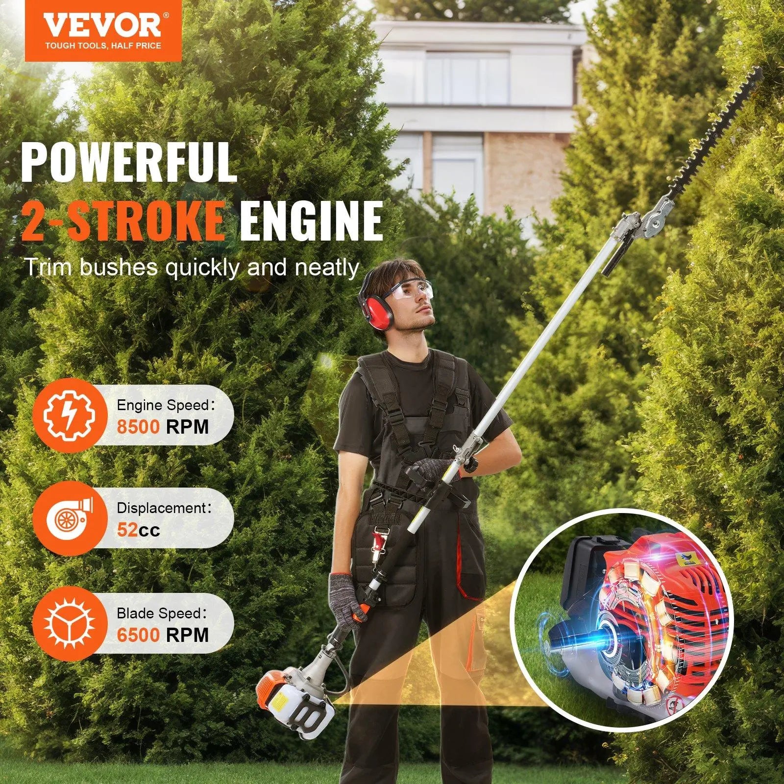 【Dealsforyoudays】Vevor 52CC 6-In-1 Multi-Functional Trimming Tools with Gas Hedge Trimmer, , Weed Eater, String Trimmer, Brush Cutter, Edger & Pole Saw Chainsaw Pruner Whacker Shoulder VEVOR Super Brand Day